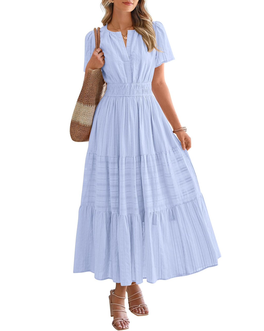 Womens Summer 2026 Casual Maxi Dresses | Lightweight Short Sleeve V Neck,Elastic Waist A Line Long Dress,Boho Beach Dress Pockets,Vacation Outfits,Fashion Clothing
