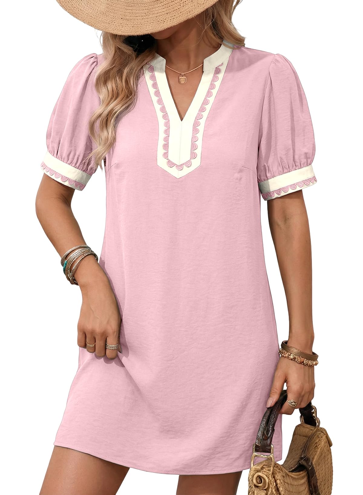 Summer Dresses for Women 2026 Boho Floral Puff Short Sleeve V Neck Trim Casual Mini Dress Sundress