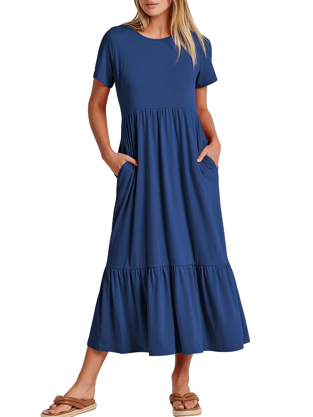 Womens 2026 Summer Casual Maxi Dress A line Tiered Flowy Short Sleeve Crewneck T Shirt Beach Travel Long Dresses