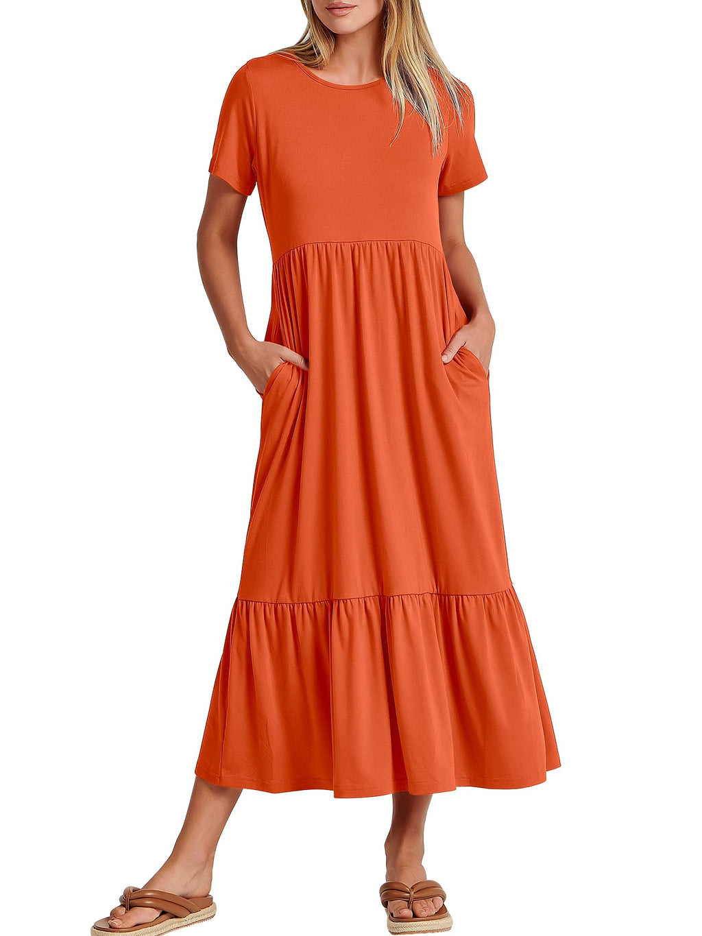 Womens 2026 Summer Casual Maxi Dress A line Tiered Flowy Short Sleeve Crewneck T Shirt Beach Travel Long Dresses