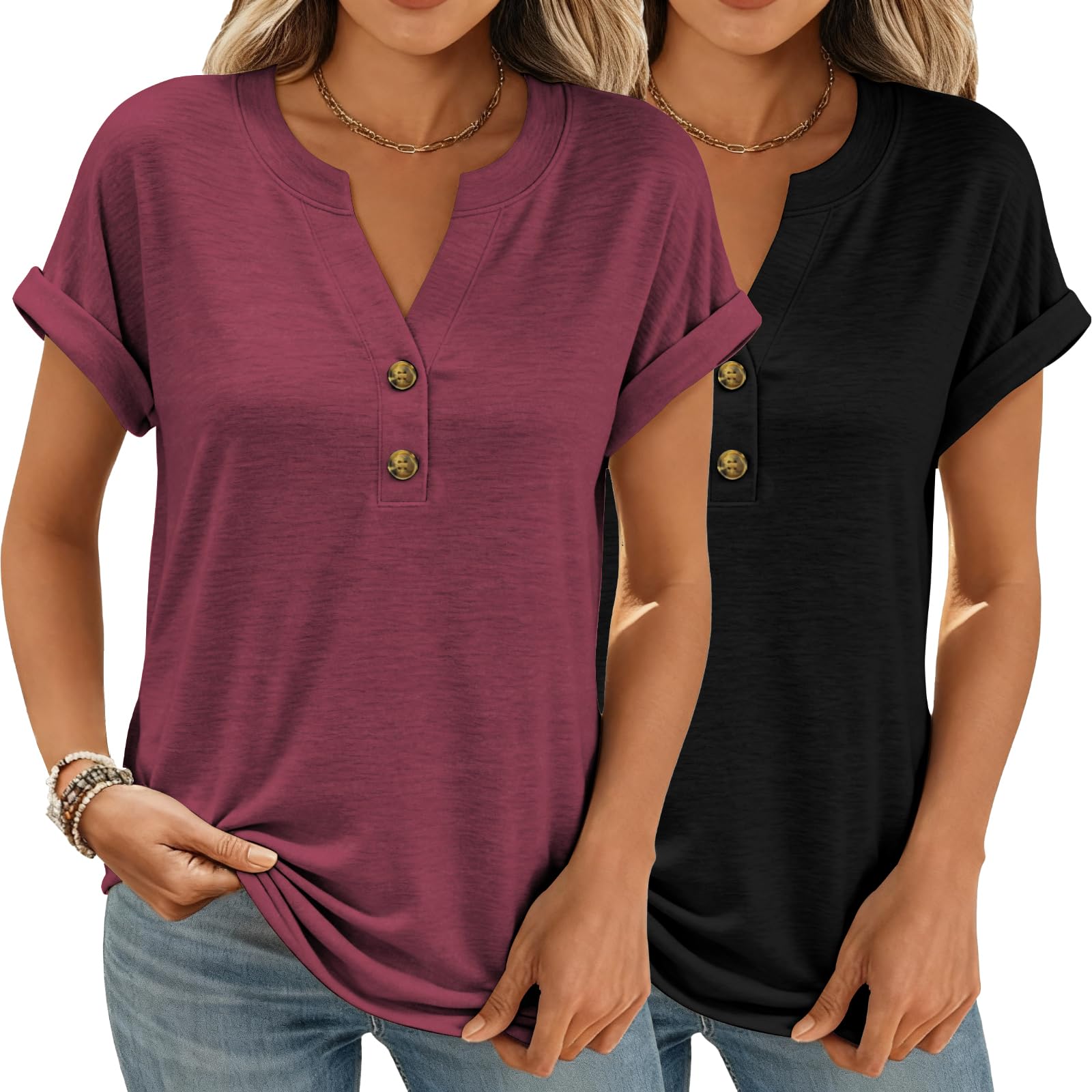 Women Tops Shorts Sleeve Shirts V Neck Henley Tops Trendy Casual T Shirts | Soft Breathable Loose Blouses Tees Outfits Clothes for Spring, Summer, Beach, Vacation, Workout