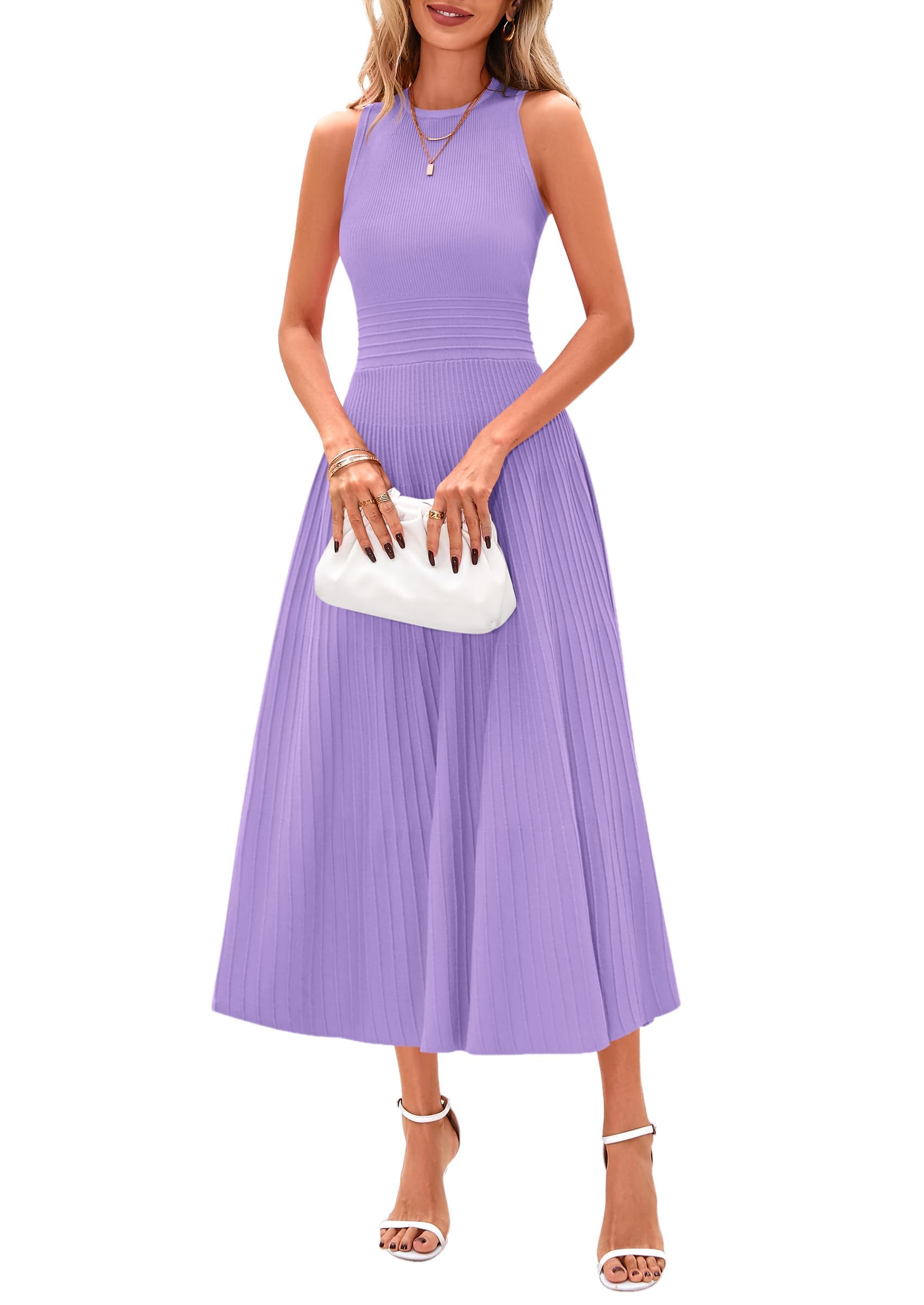 Women's Summer Pleated Midi Work Dress | Sleeveless A Line Knit Business Dresses, Spring Semi Formal Long Dress for Wedding Guest, Cocktail Party, Teacher Outfits