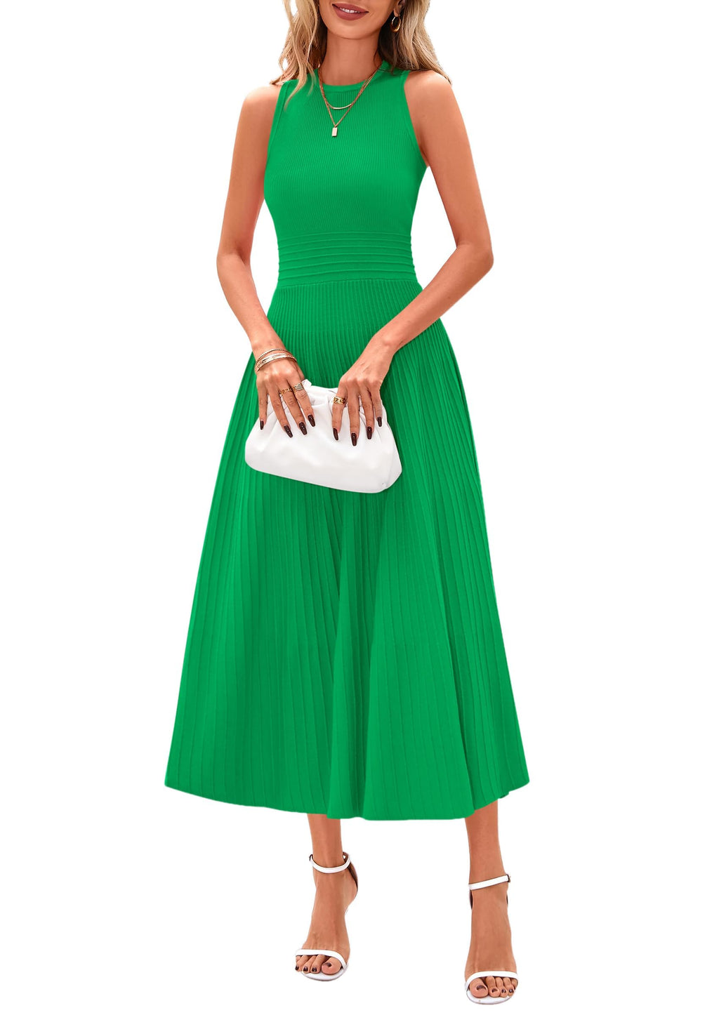 Women's Summer Pleated Midi Work Dress | Sleeveless A Line Knit Business Dresses, Spring Semi Formal Long Dress for Wedding Guest, Cocktail Party, Teacher Outfits