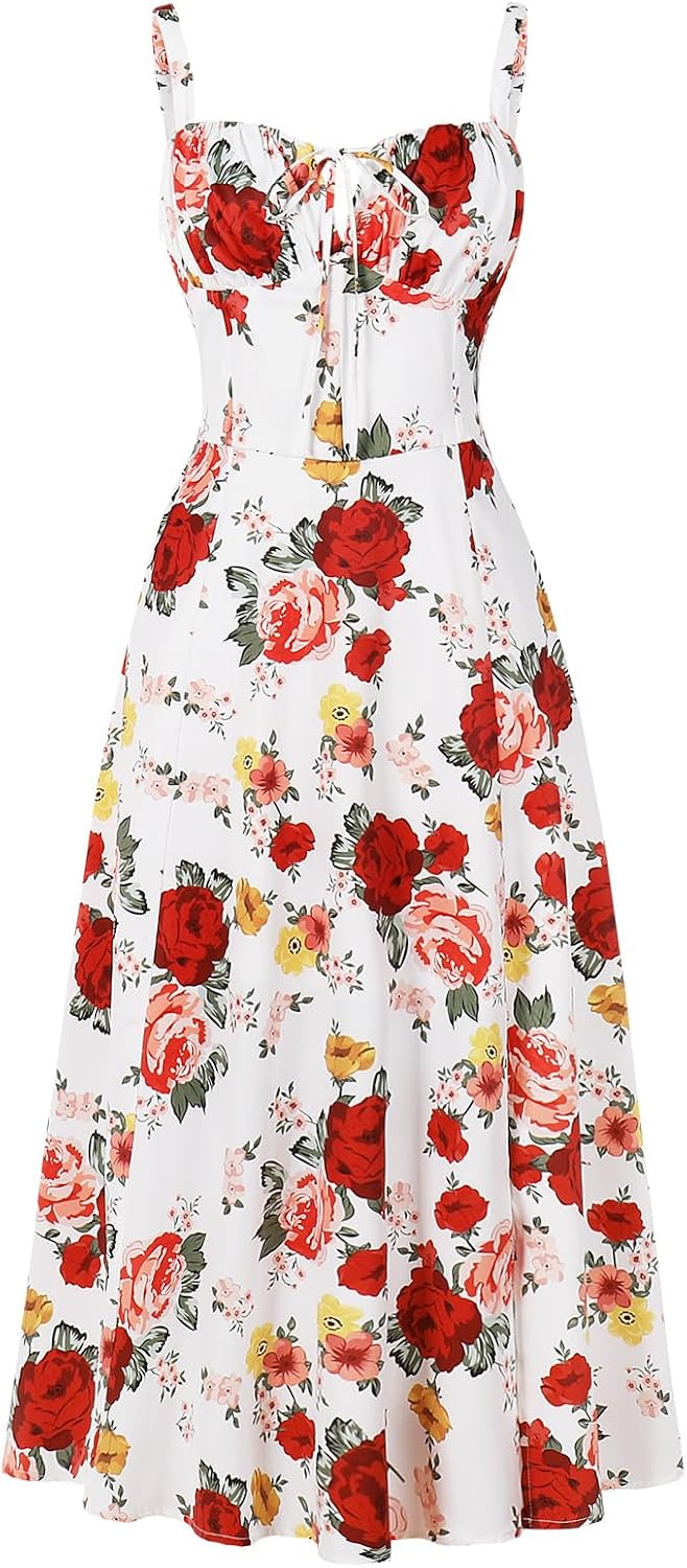 Women Floral Corset Dress Summer Dress 2026 Boho Flowy Slit Lace Up Midi Dresses Going Out A Line Casual Sundress