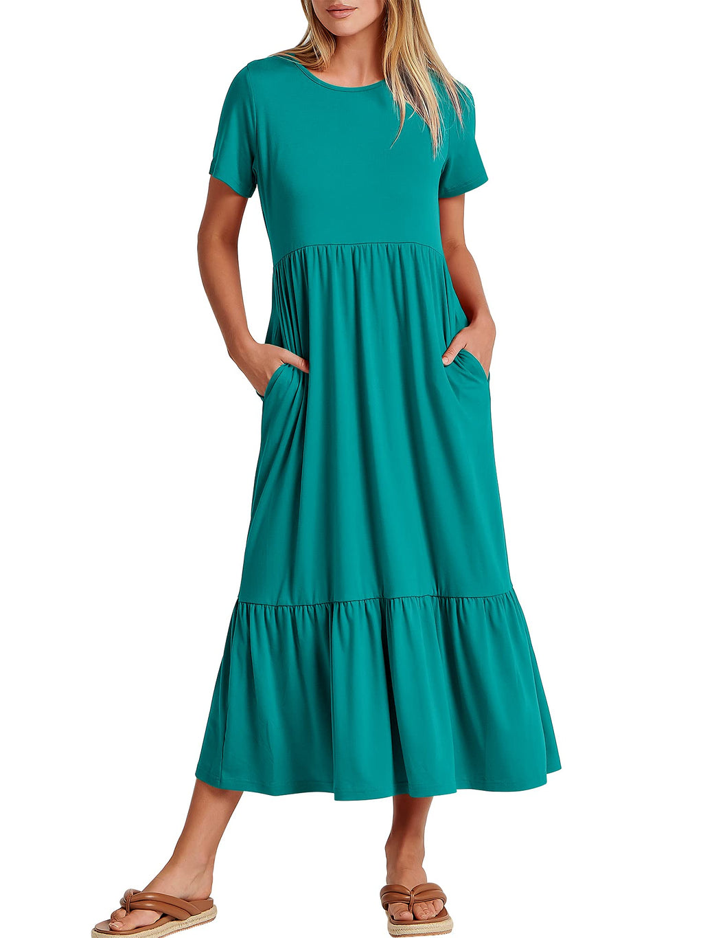 Womens 2026 Summer Casual Maxi Dress A line Tiered Flowy Short Sleeve Crewneck T Shirt Beach Travel Long Dresses