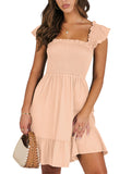 Women's Summer Casual Sleeveless Square Neck Dress 2026 Smocked Ruffle Backless Boho Beach Cute Teen Short Sundress