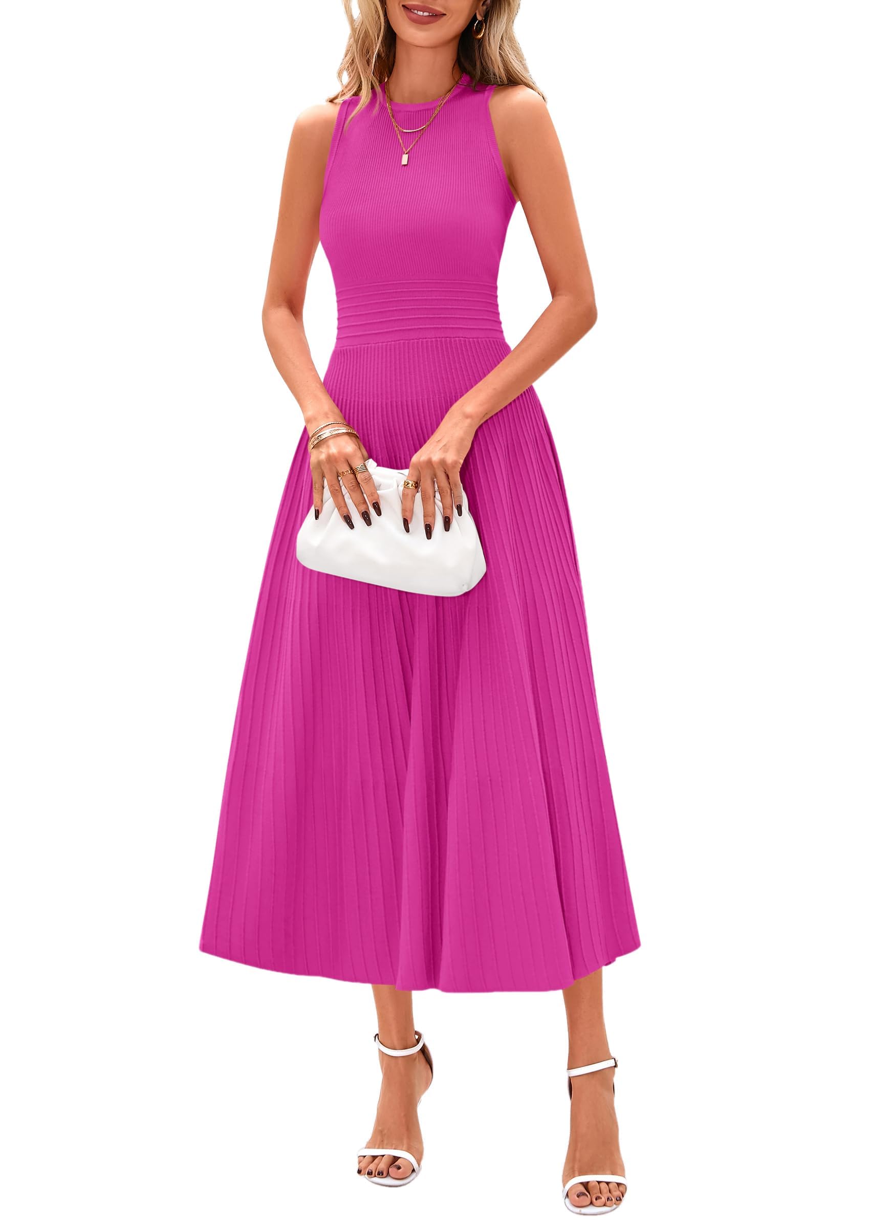 Women's Summer Pleated Midi Work Dress | Sleeveless A Line Knit Business Dresses, Spring Semi Formal Long Dress for Wedding Guest, Cocktail Party, Teacher Outfits