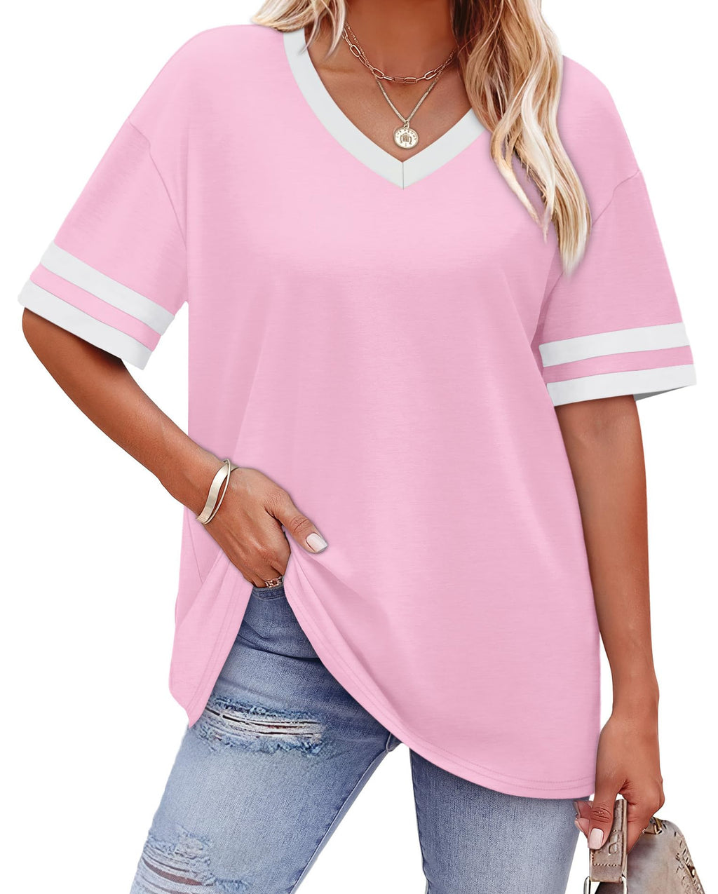 Womens T Shirts Loose Fit Short Sleeve Tees V Neck Color Block Summer Tops 2026 Fashion S-4XL
