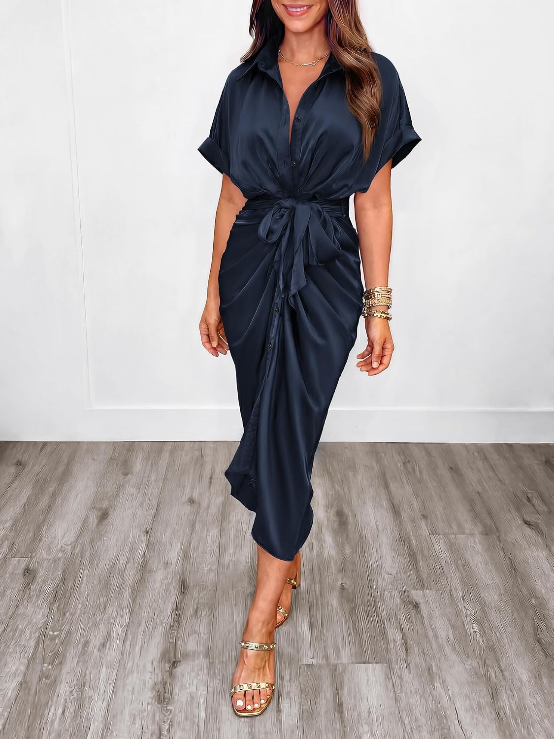 Dresses for Women Business Casual Outfits | Short Sleeve, Button Down, Lightweight, Silk Satin Dress, Ruched, Tie Waist, Cocktail, Party, Wedding Guest, Work Clothes