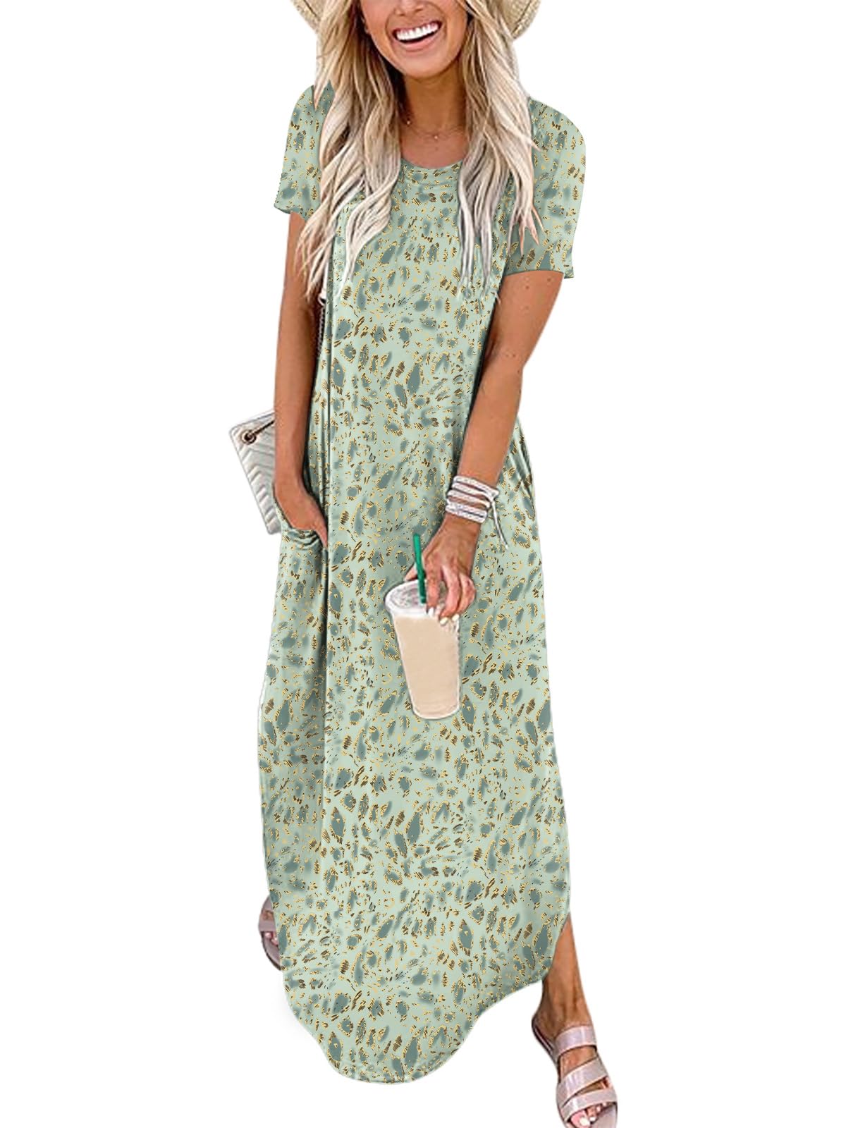 Womens Summer Maxi Dress Short Sleeve Casual Loose Long T Shirt Dresses Split Vacation Beach Sundress Travel Outfits