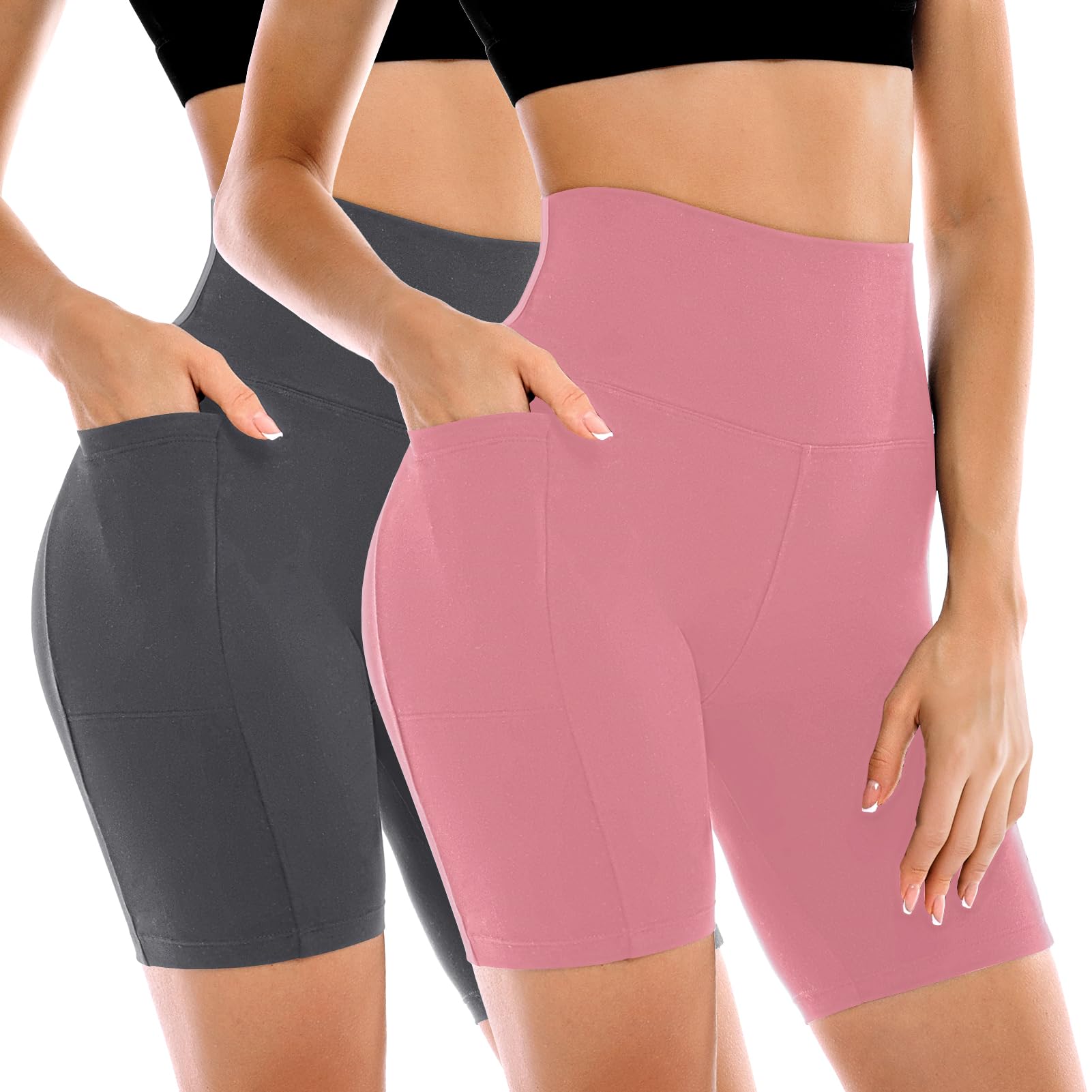 2 Pack Womens Biker Shorts with Pockets 6" | High Waisted, Tummy Control, Running, Gym, Workout, Yoga Shorts