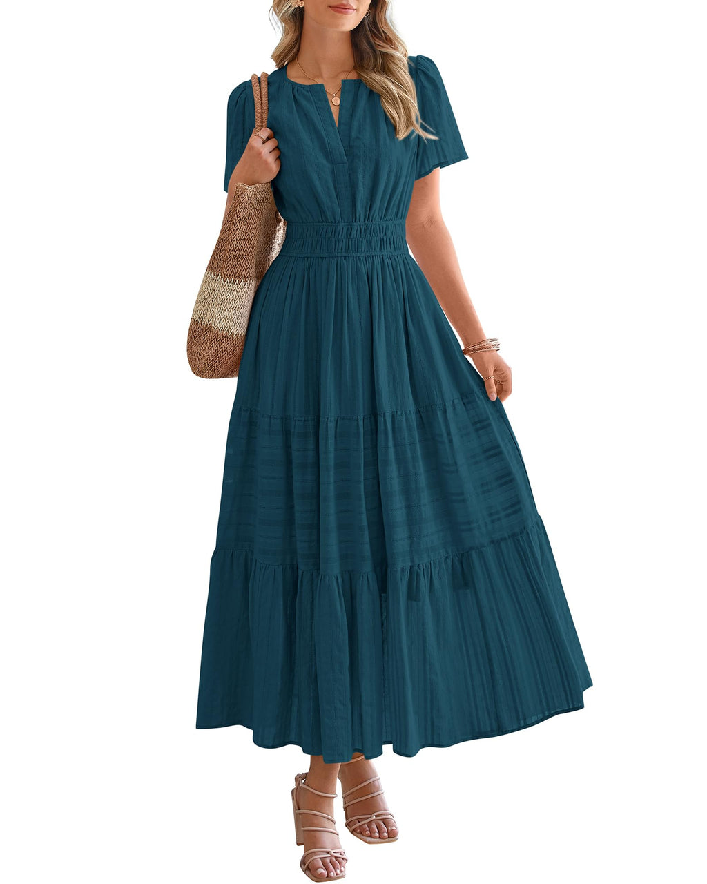 Womens Summer 2026 Casual Maxi Dresses | Lightweight Short Sleeve V Neck,Elastic Waist A Line Long Dress,Boho Beach Dress Pockets,Vacation Outfits,Fashion Clothing