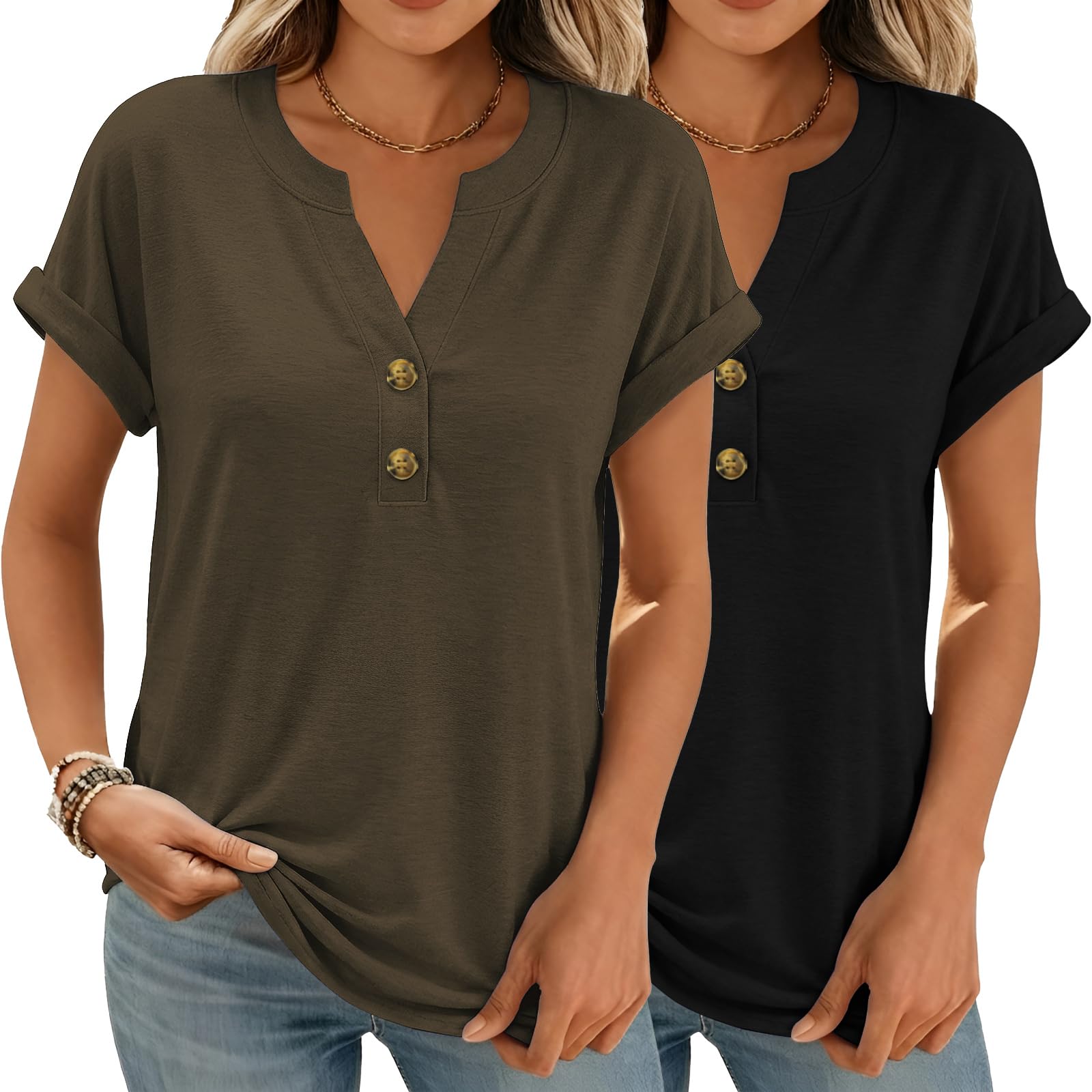 Women Tops Shorts Sleeve Shirts V Neck Henley Tops Trendy Casual T Shirts | Soft Breathable Loose Blouses Tees Outfits Clothes for Spring, Summer, Beach, Vacation, Workout