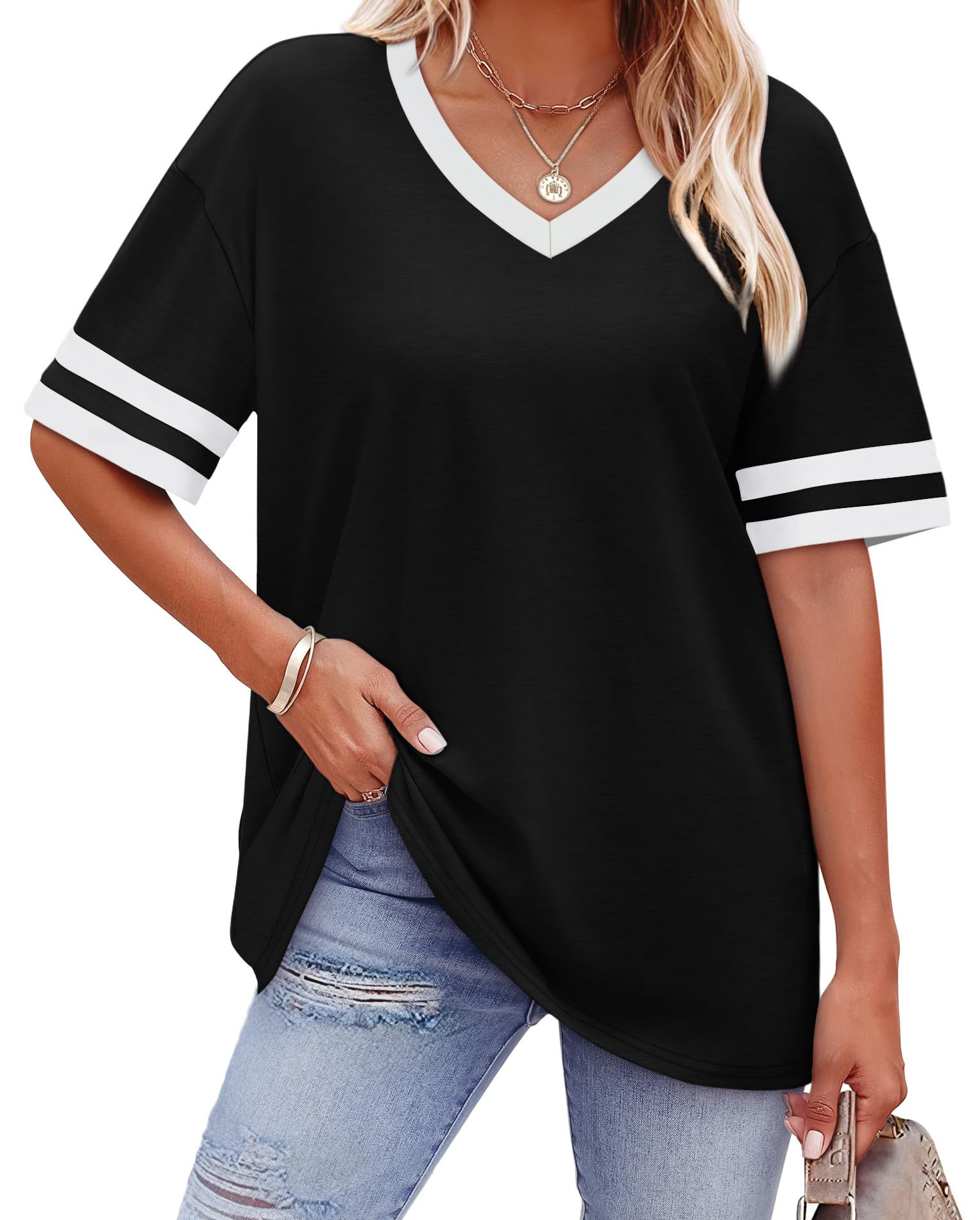 Womens T Shirts Loose Fit Short Sleeve Tees V Neck Color Block Summer Tops 2026 Fashion S-4XL