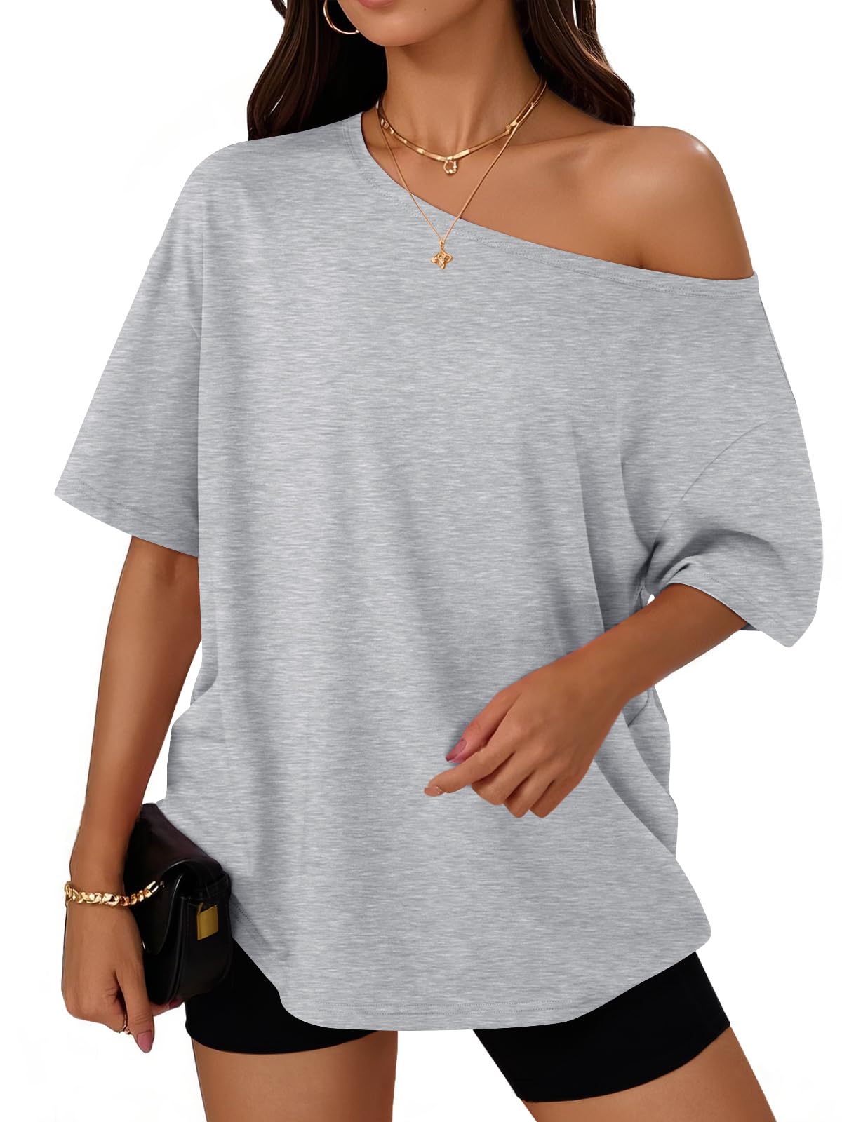 Womens Off the Shoulder Tops Oversized Summer T-Shirts 2026 | Breathable comfort stretch fabric, short sleeve, basic oversized tees, casual workout gym, y2k going out clothes