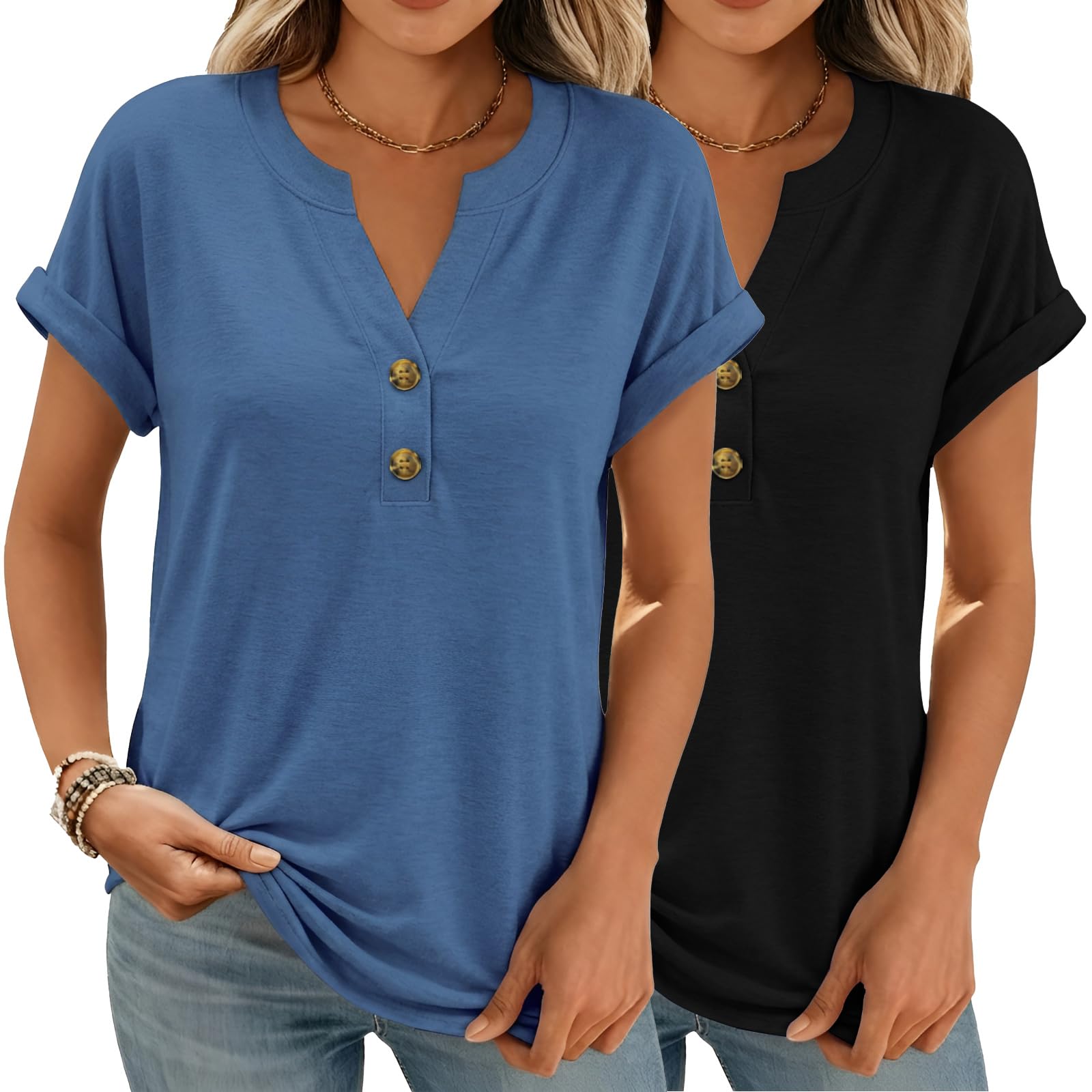 Women Tops Shorts Sleeve Shirts V Neck Henley Tops Trendy Casual T Shirts | Soft Breathable Loose Blouses Tees Outfits Clothes for Spring, Summer, Beach, Vacation, Workout