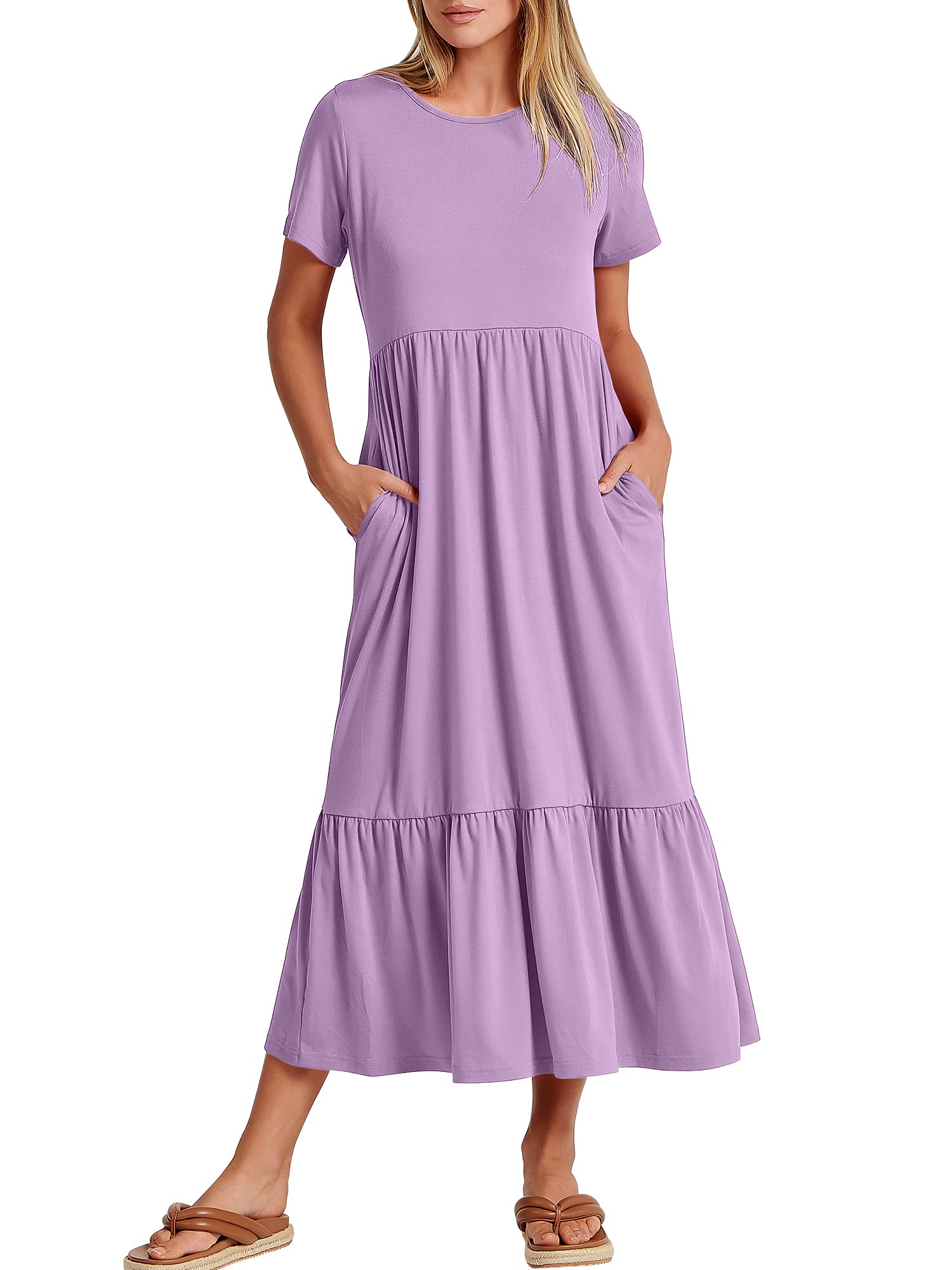 Womens 2026 Summer Casual Maxi Dress A line Tiered Flowy Short Sleeve Crewneck T Shirt Beach Travel Long Dresses