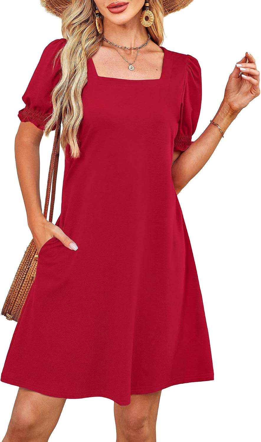 Summer Dresses for Women 2025 Casual Cute Square Neck Puff Short Sleeve Dress with Pockets
