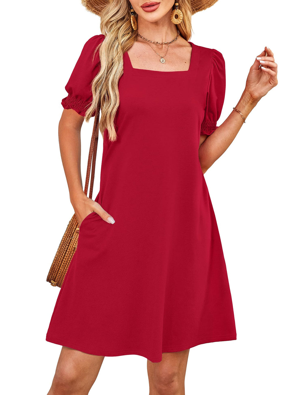 Summer Dresses for Women 2025 Casual Cute Square Neck Puff Short Sleeve Dress with Pockets