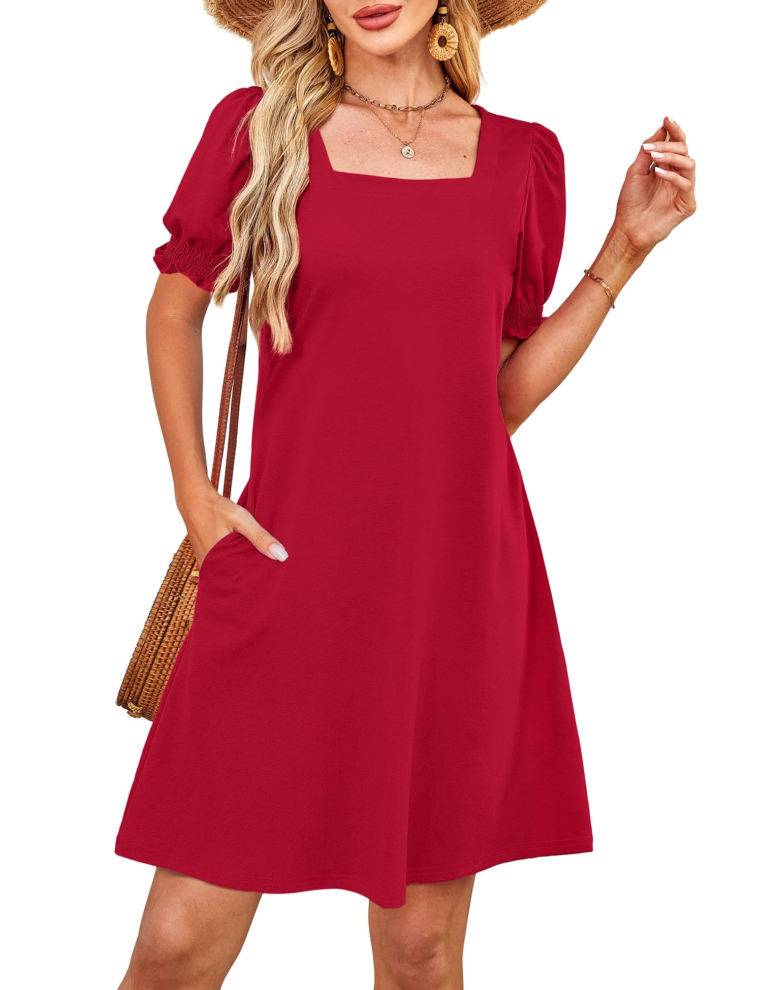 Summer Dresses for Women 2025 Casual Cute Square Neck Puff Short Sleeve Dress with Pockets