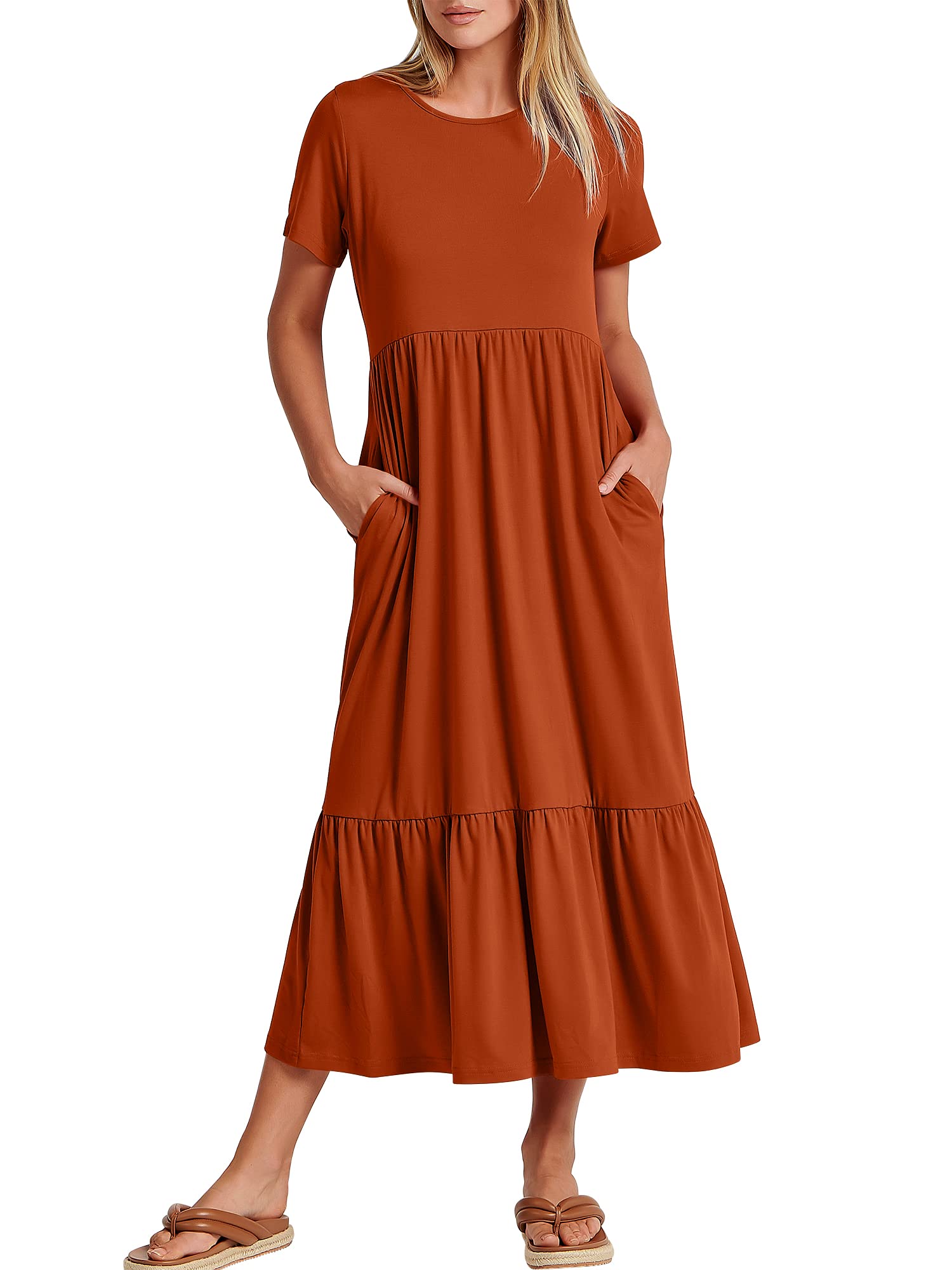 Womens 2026 Summer Casual Maxi Dress A line Tiered Flowy Short Sleeve Crewneck T Shirt Beach Travel Long Dresses