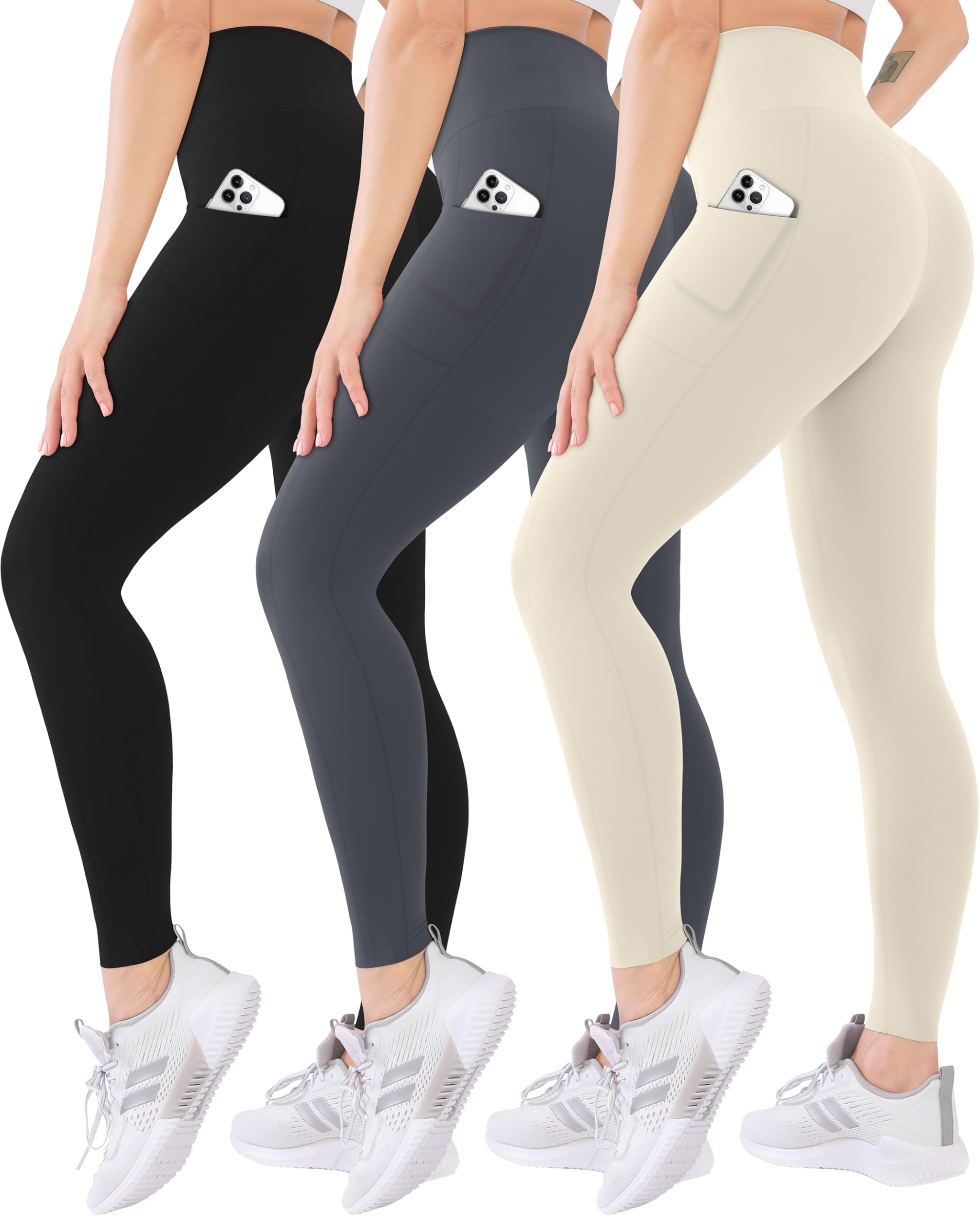 3 Pack High Waisted Leggings for Women with Pockets Soft Active Tummy Control Pants for Yoga Running & Daily Wear