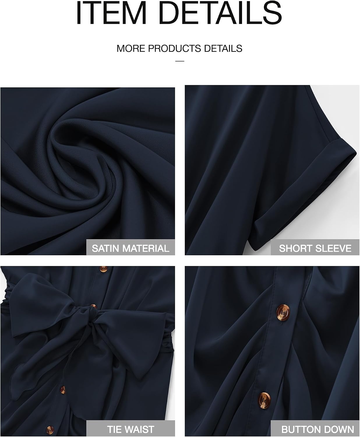 Dresses for Women Business Casual Outfits | Short Sleeve, Button Down, Lightweight, Silk Satin Dress, Ruched, Tie Waist, Cocktail, Party, Wedding Guest, Work Clothes