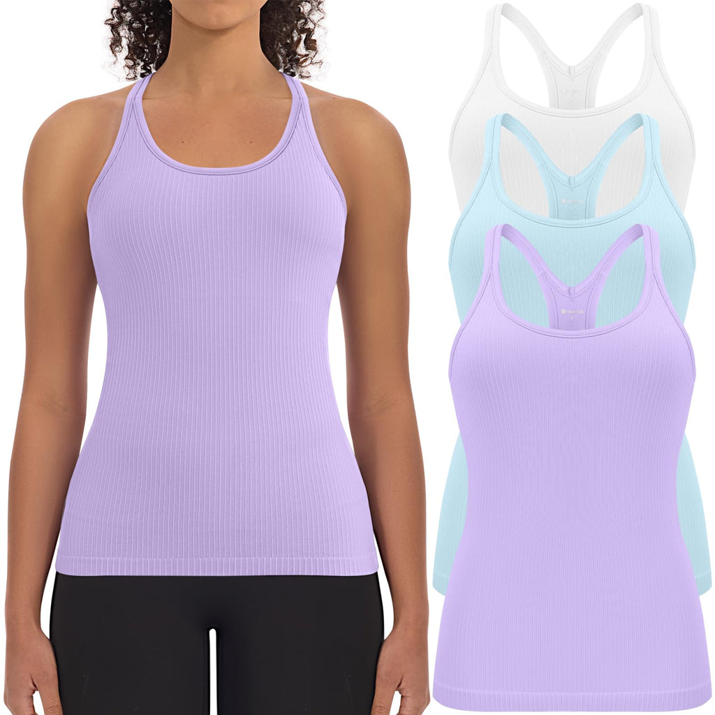 3 Pack Workout Tank Tops for Women with Built in Bra Ribbed | with Removable Pads, Seamless, Racerback, Scoop Neck, Athletic Running Gym Yoga Tops, High Stretch Fabric, Hip Length, Soft