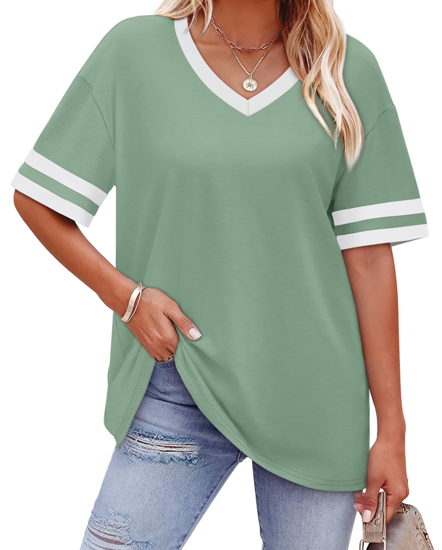 Womens T Shirts Loose Fit Short Sleeve Tees V Neck Color Block Summer Tops 2026 Fashion S-4XL