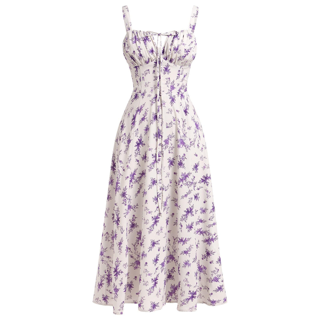 Women Floral Corset Dress Summer Dress 2026 Boho Flowy Slit Lace Up Midi Dresses Going Out A Line Casual Sundress