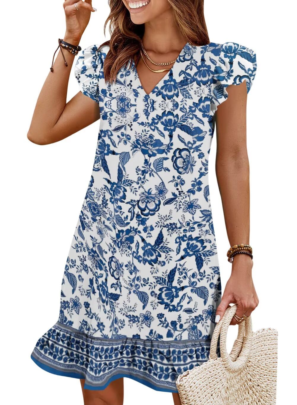 Summer Dresses for Women 2026 Beach Vacation Mini Sundress | Flutter Ruffle Cap Sleeves, V Neck, Ruffle Hem Shift Dress, Casual Loose Fit, Spring Wedding Guest Outfits
