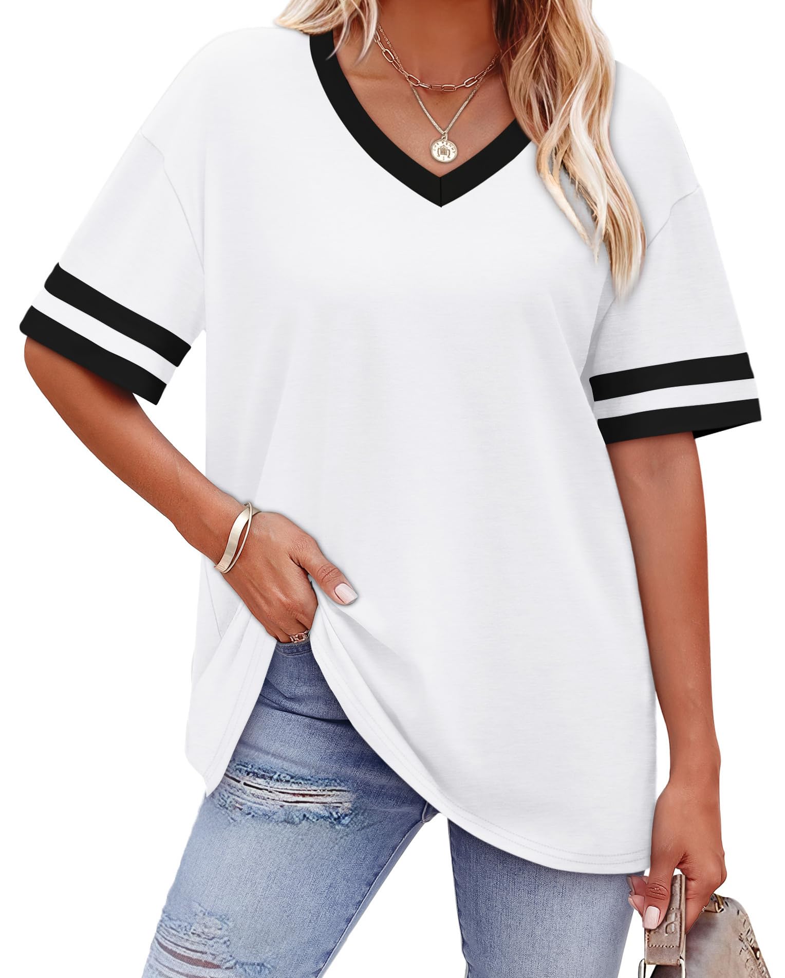 Womens T Shirts Loose Fit Short Sleeve Tees V Neck Color Block Summer Tops 2026 Fashion S-4XL