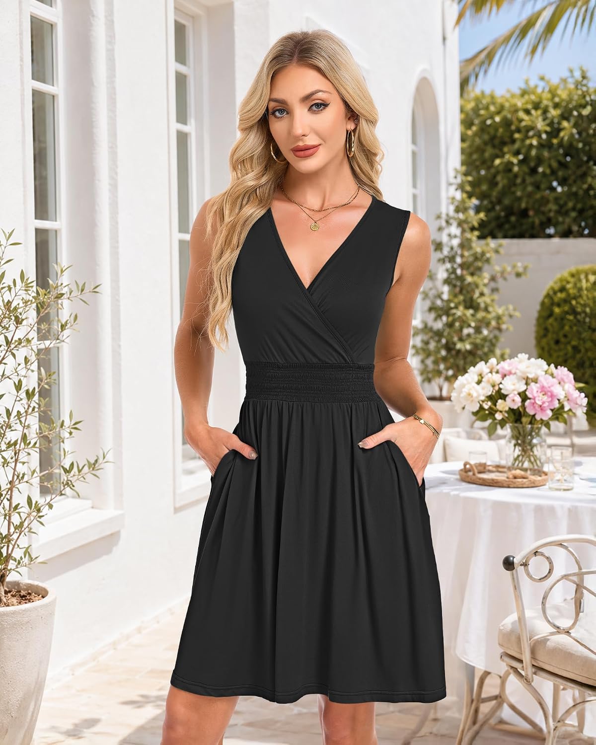 Sundresses for Women V Neck Wrap A-Line Mini Dress with Pockets | Wrap A-Line Vacation Dress Sleeveless Smocked Tiered Floral Wedding Guest Graduation Summer Beach Sundress 2026