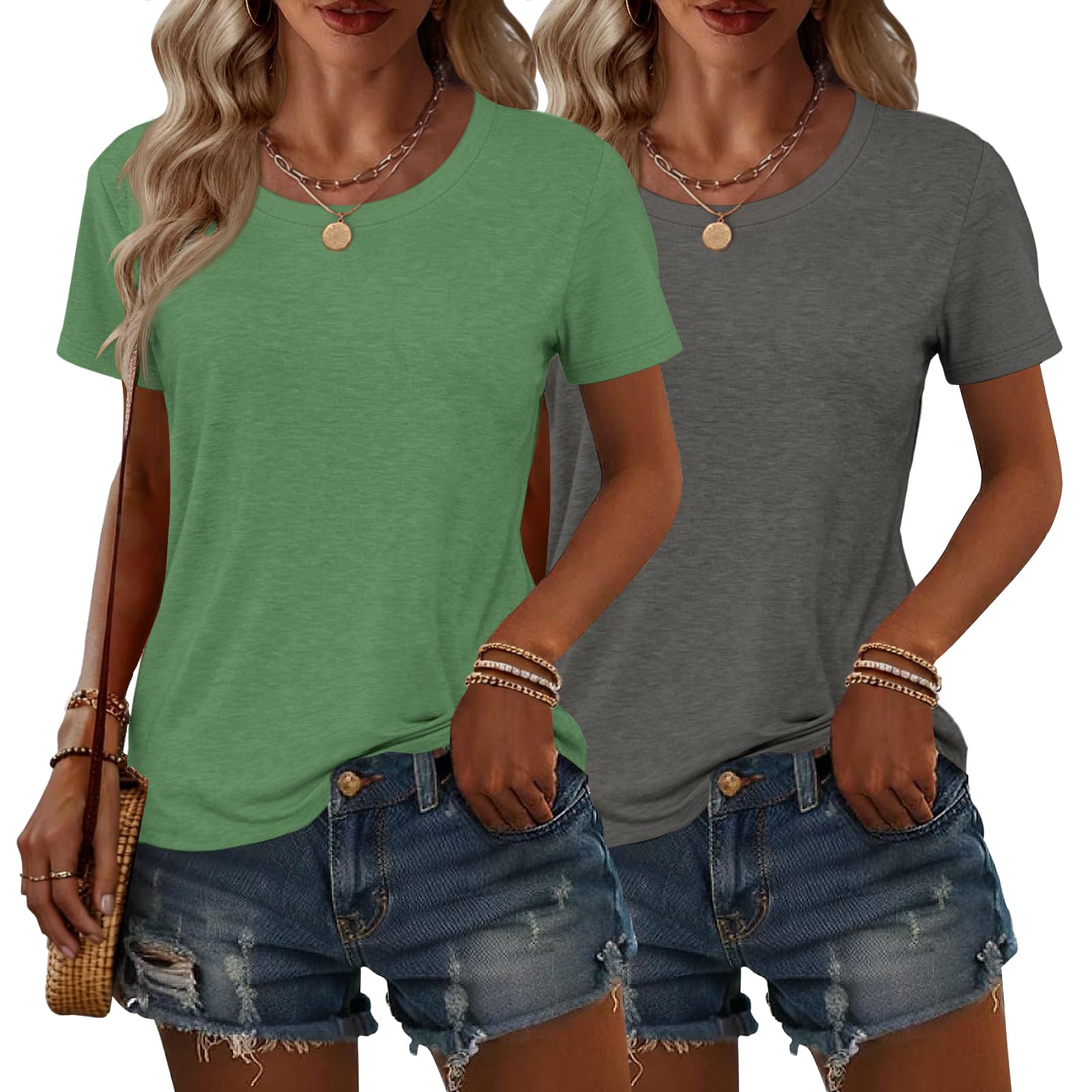 2PCS Women Short Sleeve T Shirts Crew Neck Solid Soft Basic Tee Casual Loose Fit Lightweight Summer Tops Clothes 2026