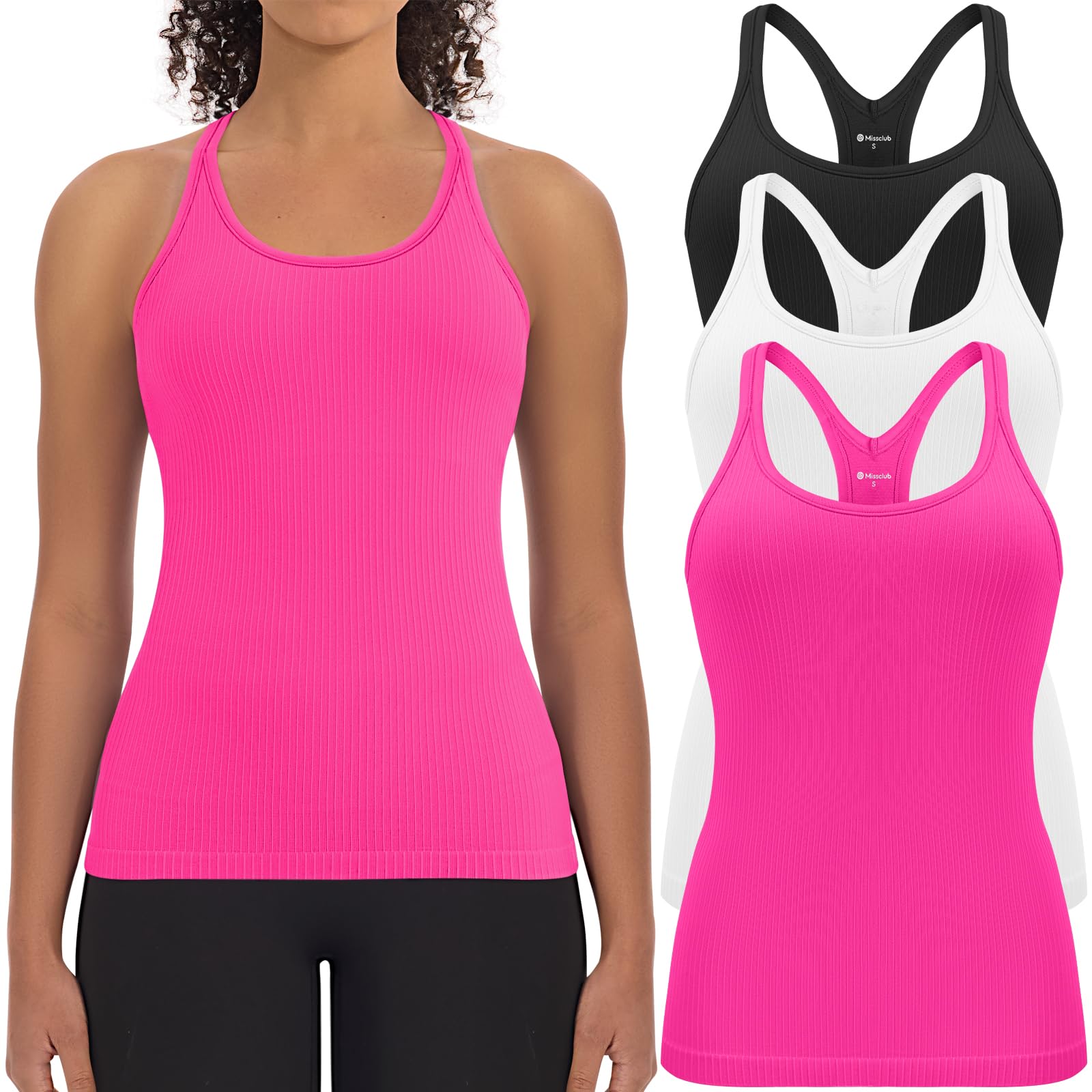 3 Pack Workout Tank Tops for Women with Built in Bra Ribbed | with Removable Pads, Seamless, Racerback, Scoop Neck, Athletic Running Gym Yoga Tops, High Stretch Fabric, Hip Length, Soft
