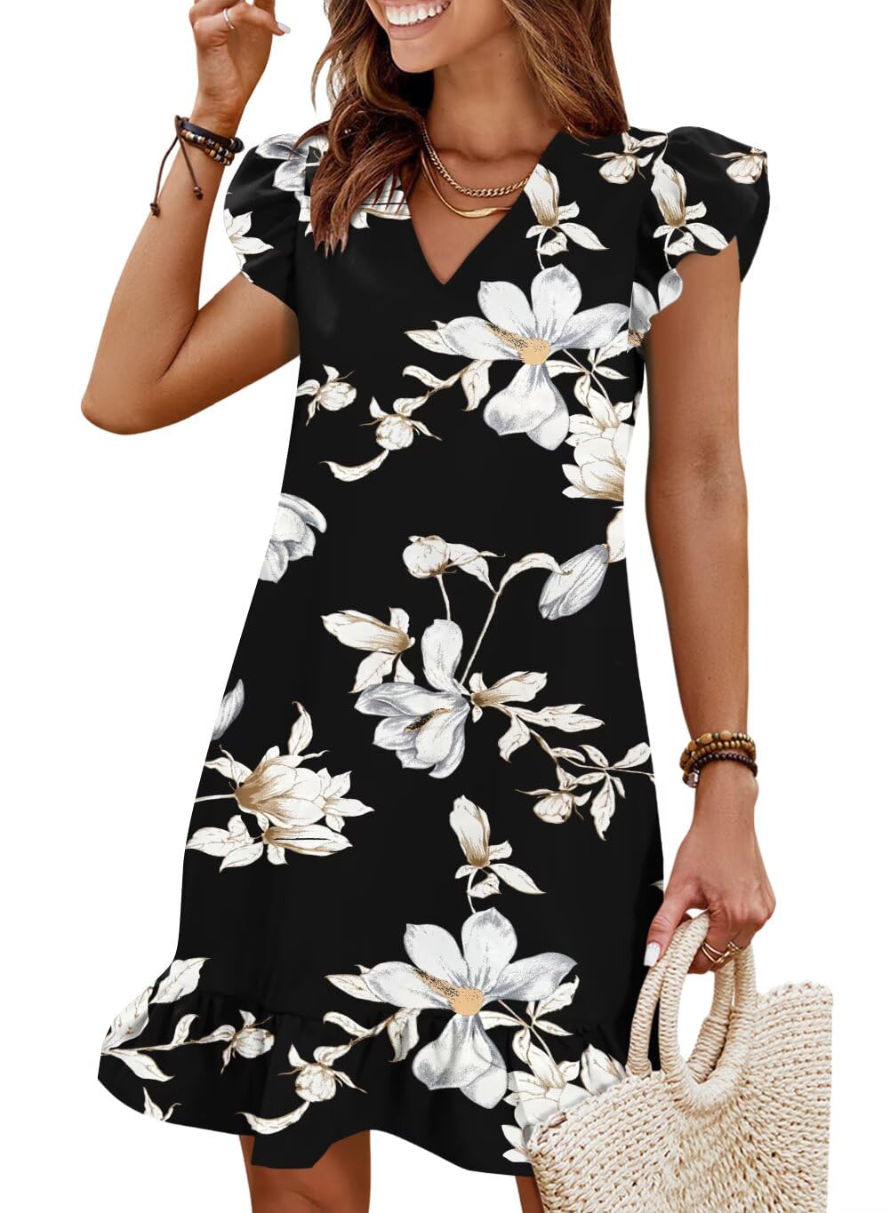 Summer Dresses for Women 2026 Beach Vacation Mini Sundress | Flutter Ruffle Cap Sleeves, V Neck, Ruffle Hem Shift Dress, Casual Loose Fit, Spring Wedding Guest Outfits