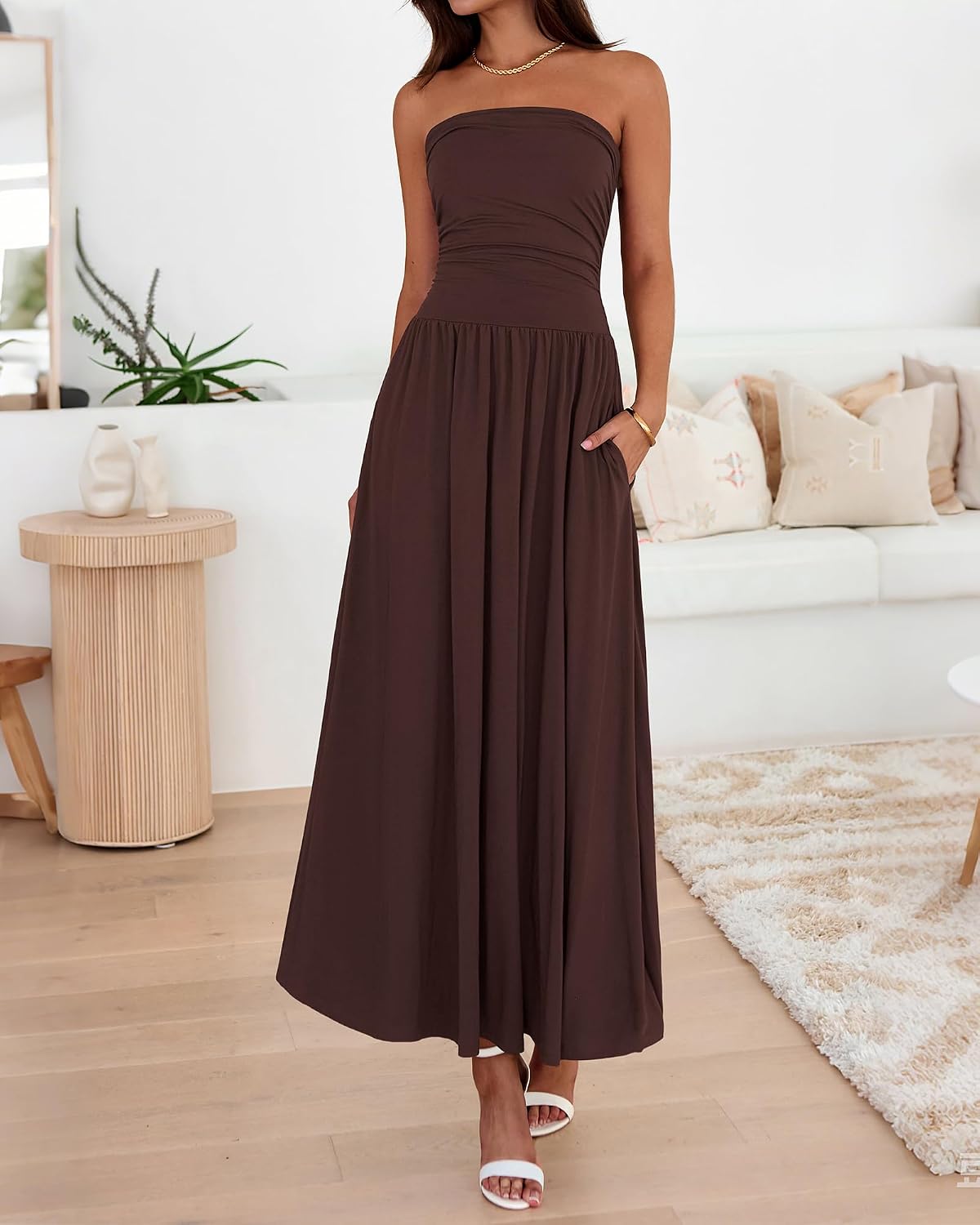 Summer Maxi Dresses for Women Strapless Tube Top Dress | Sleeveless Ruched A Line Dresses Pockets, 2026 Trendy, Flowy Long Sundress, Beach Vacation Cocktail Party Wedding Guest Dress