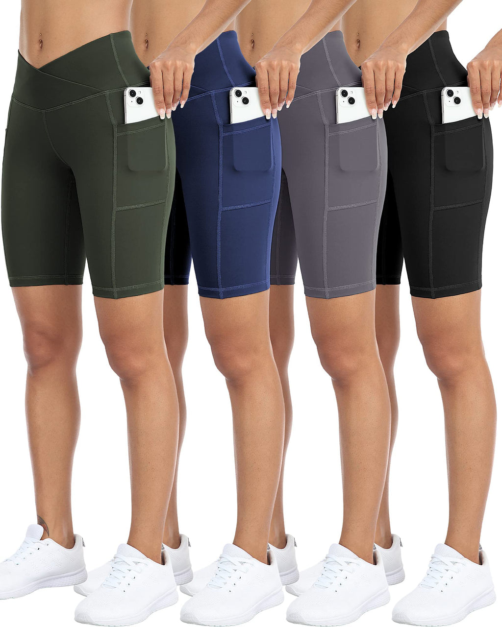 4 Pack Biker Yoga Shorts with Pockets for Women,High Waisted Athletic Running Workout Gym Shorts Tummy Control