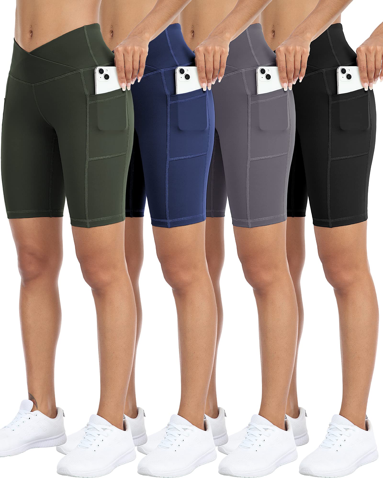 4 Pack Biker Yoga Shorts with Pockets for Women,High Waisted Athletic Running Workout Gym Shorts Tummy Control