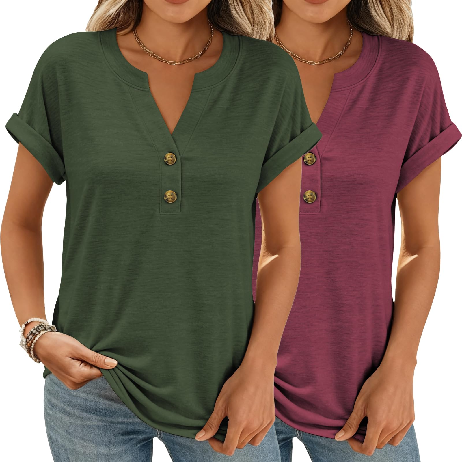 Women Tops Shorts Sleeve Shirts V Neck Henley Tops Trendy Casual T Shirts | Soft Breathable Loose Blouses Tees Outfits Clothes for Spring, Summer, Beach, Vacation, Workout