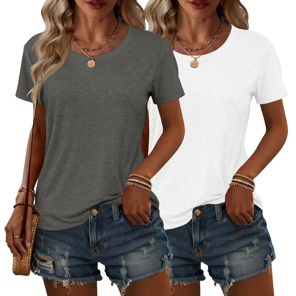 2PCS Women Short Sleeve T Shirts Crew Neck Solid Soft Basic Tee Casual Loose Fit Lightweight Summer Tops Clothes 2026
