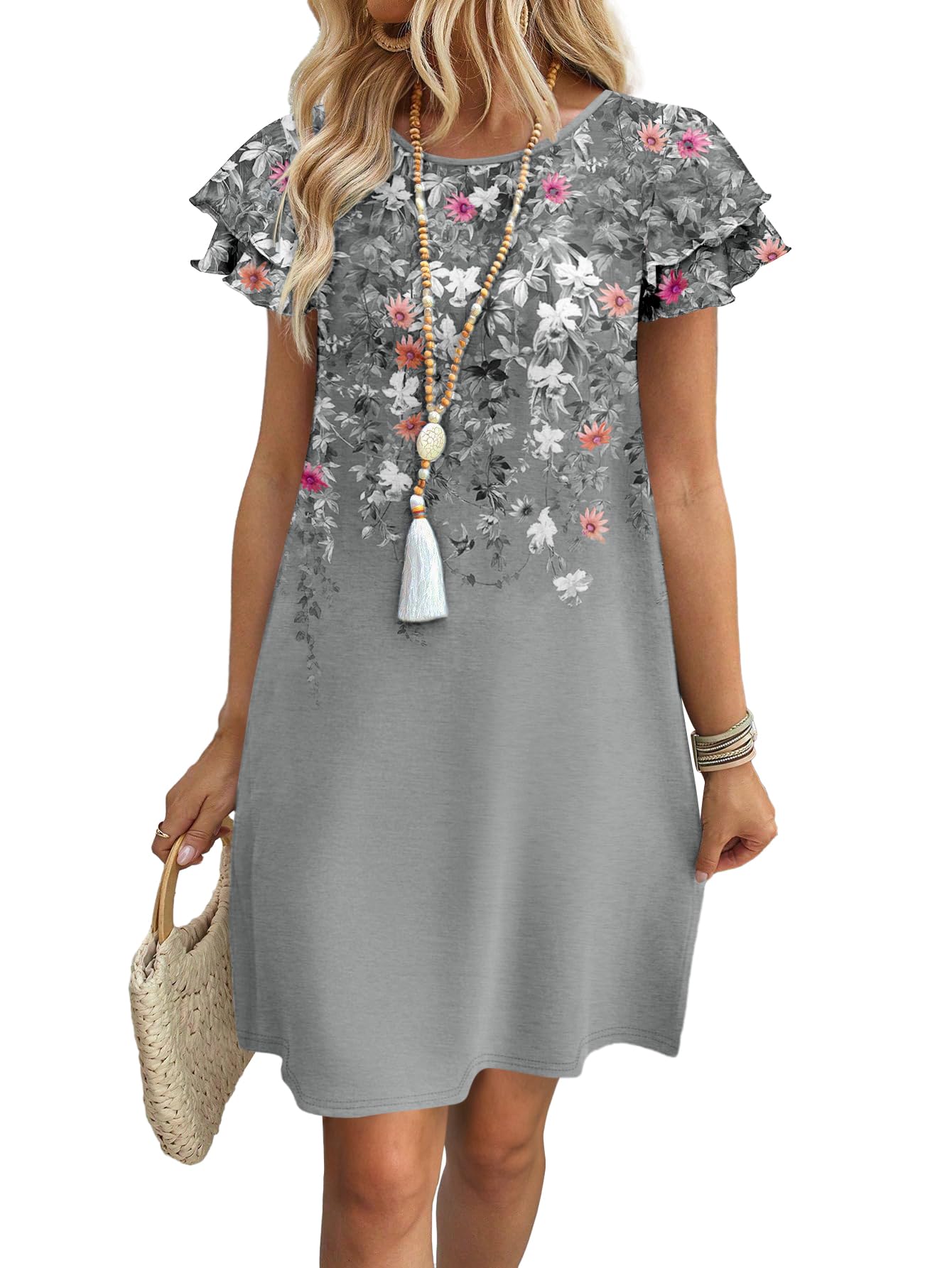 Womens Summer Dresses 2026 Ruffle Sleeve Round Neck Loose Swing Sundresses with Pockets Plain/Print