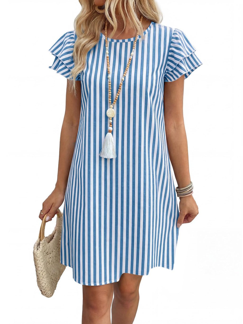 Womens Summer Dresses 2026 Ruffle Sleeve Round Neck Loose Swing Sundresses with Pockets Plain/Print