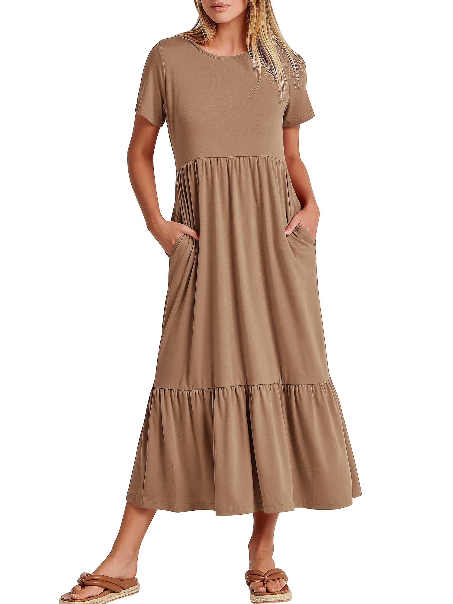 Womens 2026 Summer Casual Maxi Dress A line Tiered Flowy Short Sleeve Crewneck T Shirt Beach Travel Long Dresses