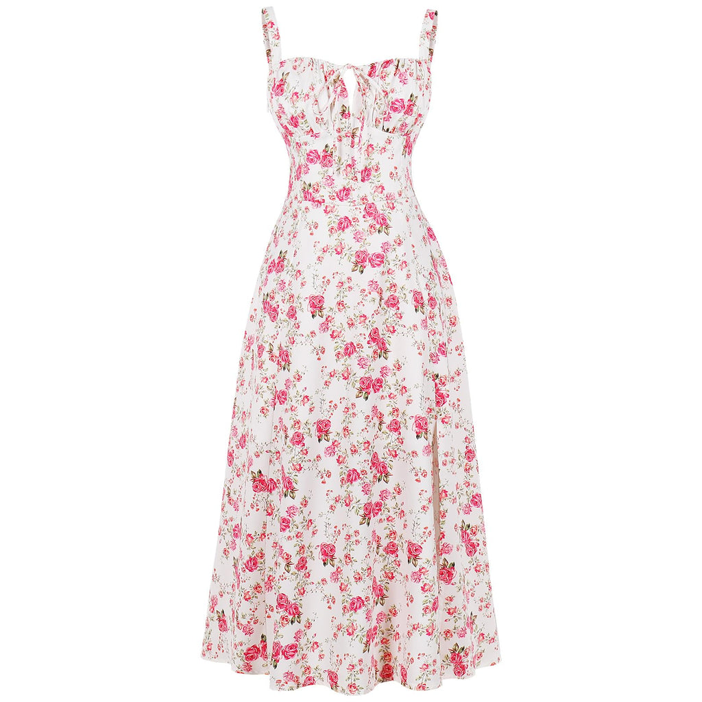 Women Floral Corset Dress Summer Dress 2026 Boho Flowy Slit Lace Up Midi Dresses Going Out A Line Casual Sundress