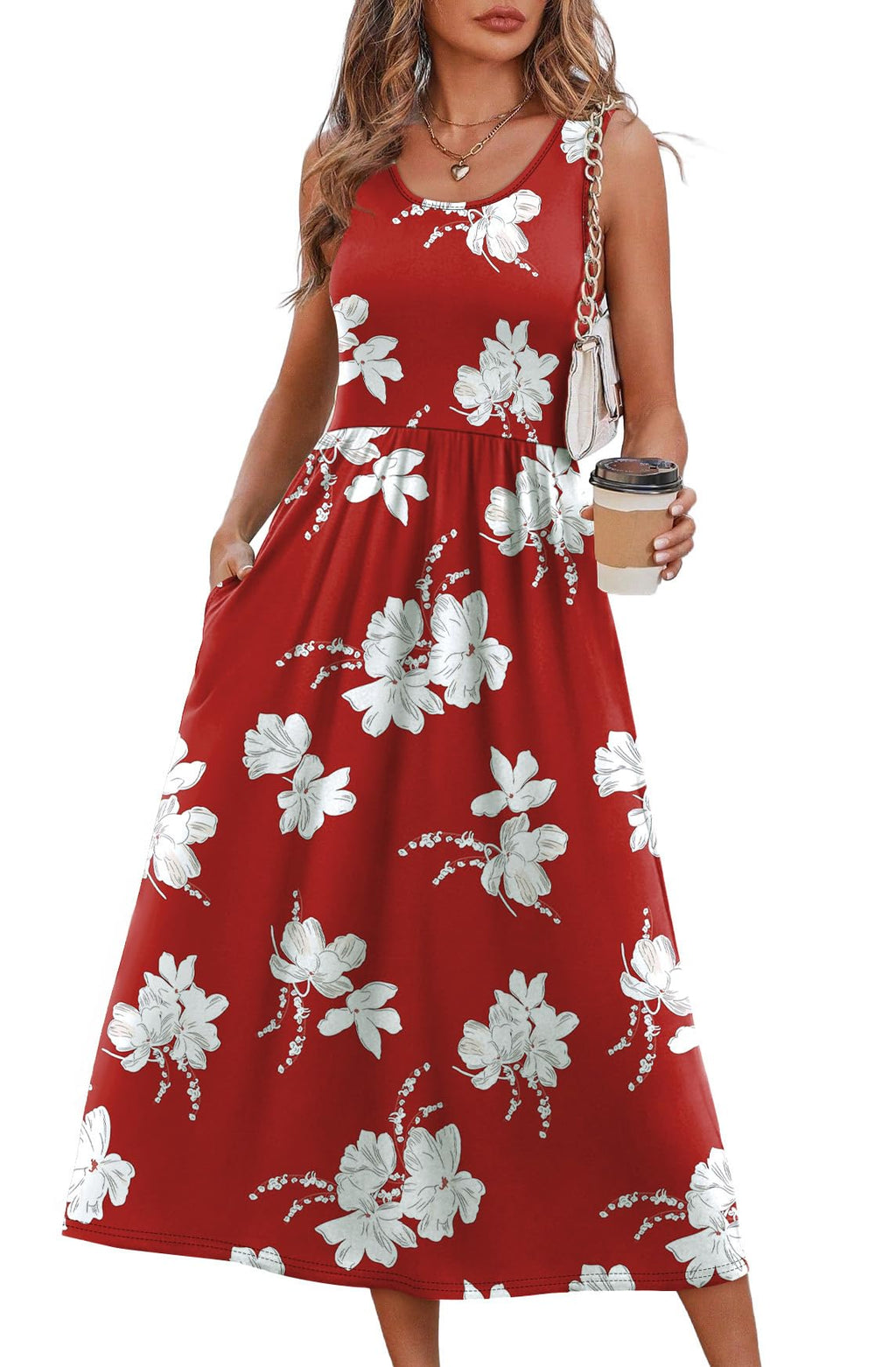 Summer Dresses for Women Flowy Casual Midi Dress Beach Vacation Sundresses with Pockets