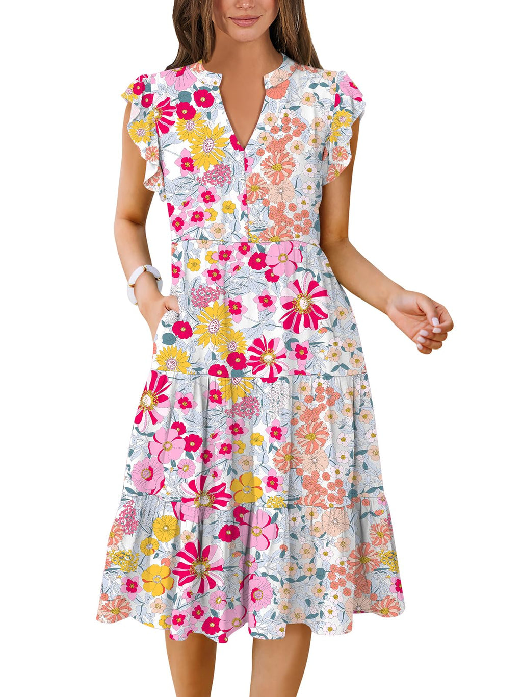 Womens Summer Dress Ruffle Sleeve V Neck Midi Dresses Fashion Casual Fit Flowy Tiered Boho Beach Vacation Sundress
