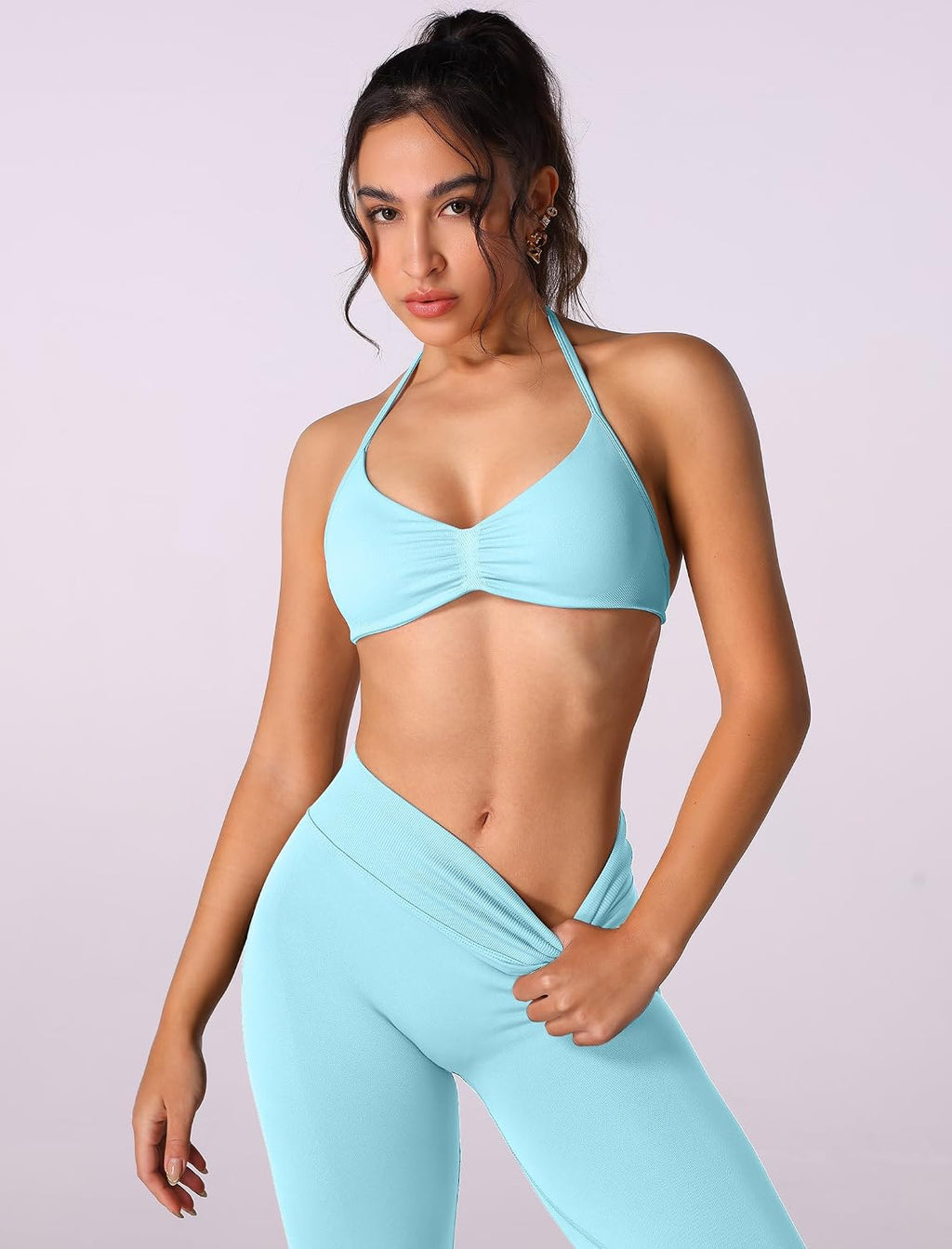 Workout Sets for Women 2 Piece Seamless Halter Sports Bra Scrunch Butt High Waist Leggings Gym Yoga Outfits