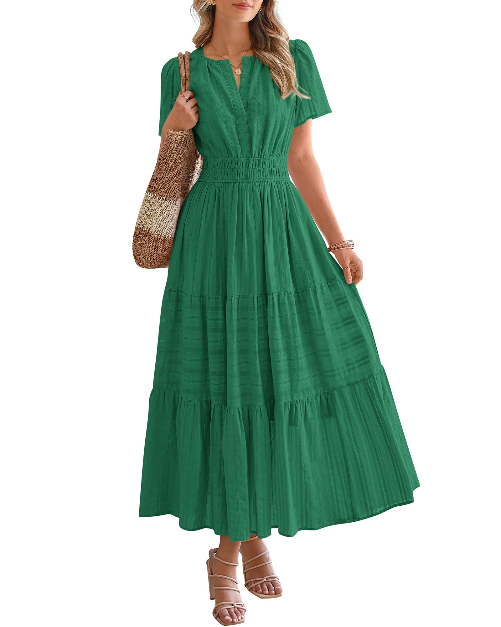 Womens Summer 2026 Casual Maxi Dresses | Lightweight Short Sleeve V Neck,Elastic Waist A Line Long Dress,Boho Beach Dress Pockets,Vacation Outfits,Fashion Clothing