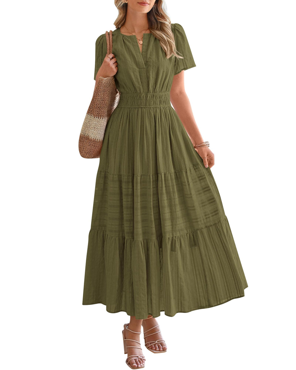 Womens Summer 2026 Casual Maxi Dresses | Lightweight Short Sleeve V Neck,Elastic Waist A Line Long Dress,Boho Beach Dress Pockets,Vacation Outfits,Fashion Clothing